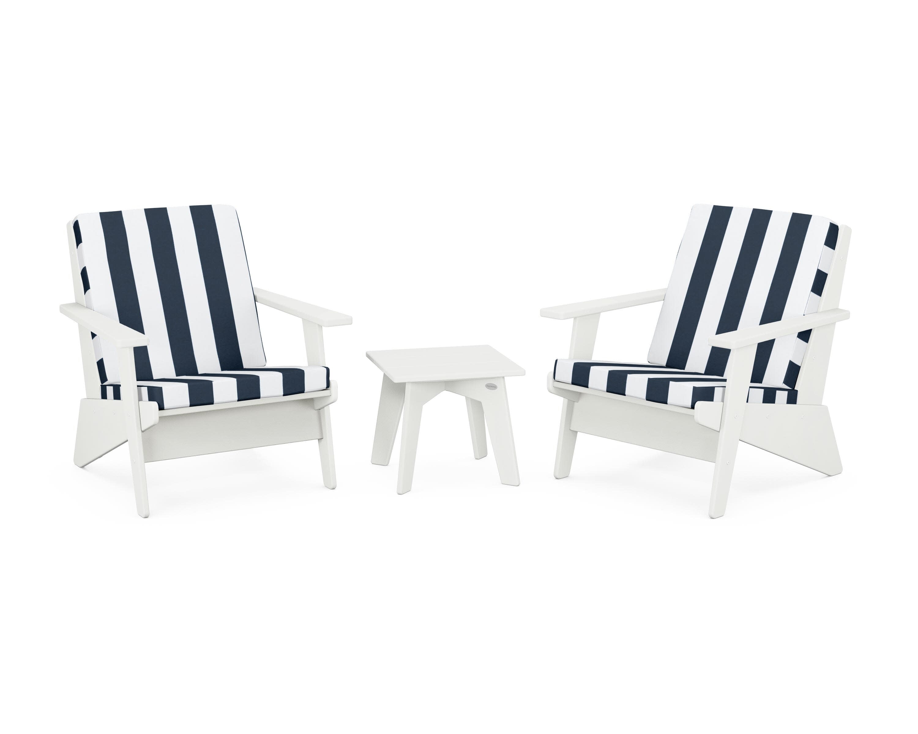 Riviera Modern Lounge 3-Piece Set in Vintage White / Cabana Stripe Marine Indigo