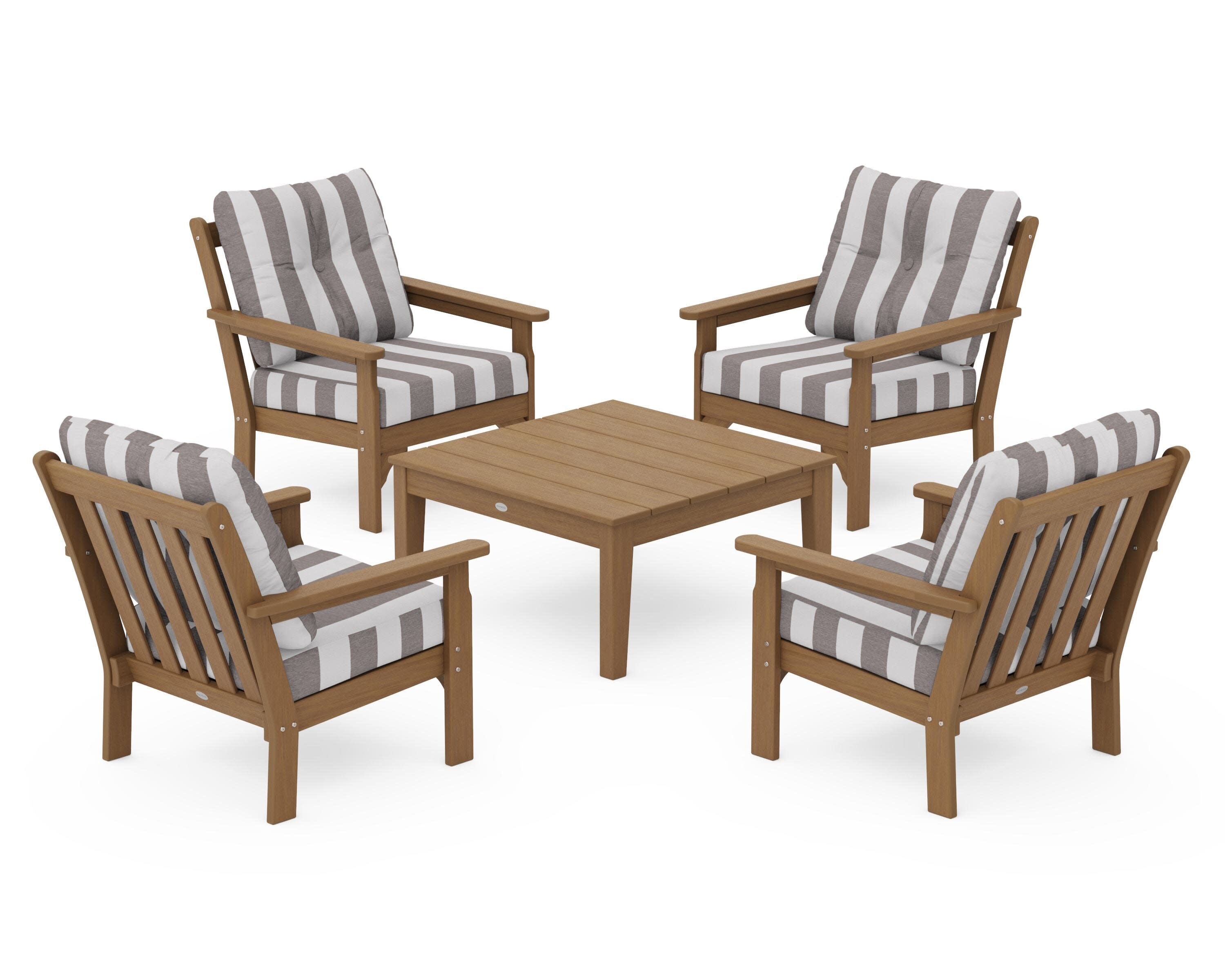 Vineyard 5-Piece Deep Seating Conversation Set in Natural / Cabana Stripe Grey Mist