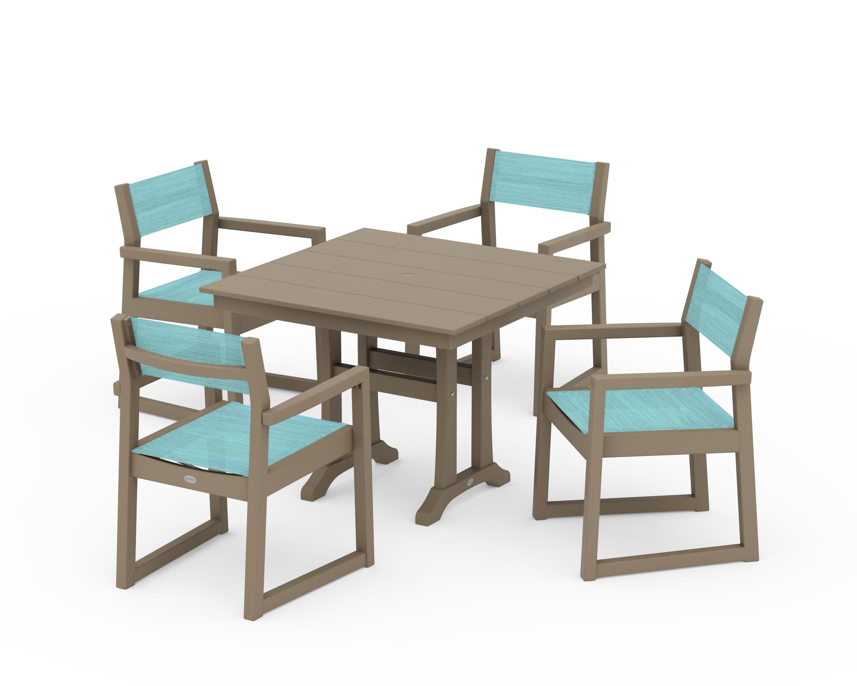EDGE Sling 5-Piece Farmhouse Dining Set with Trestle Legs in Vintage Sahara / Dupioni Aquamarine Sling