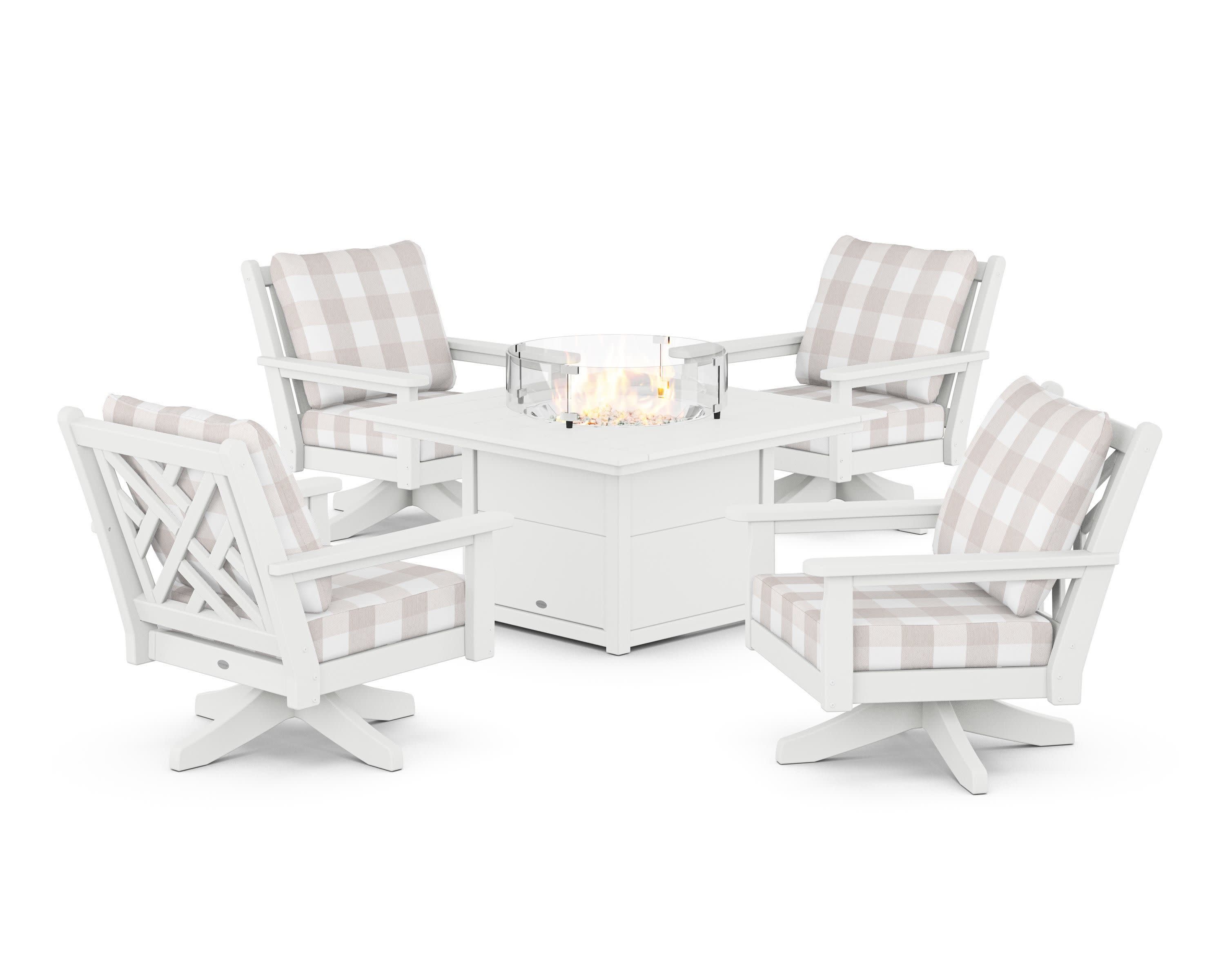 Chippendale 5-Piece Deep Seating Swivel Conversation Set with Fire Pit Table in White / Buffalo Plaid Dune Burlap