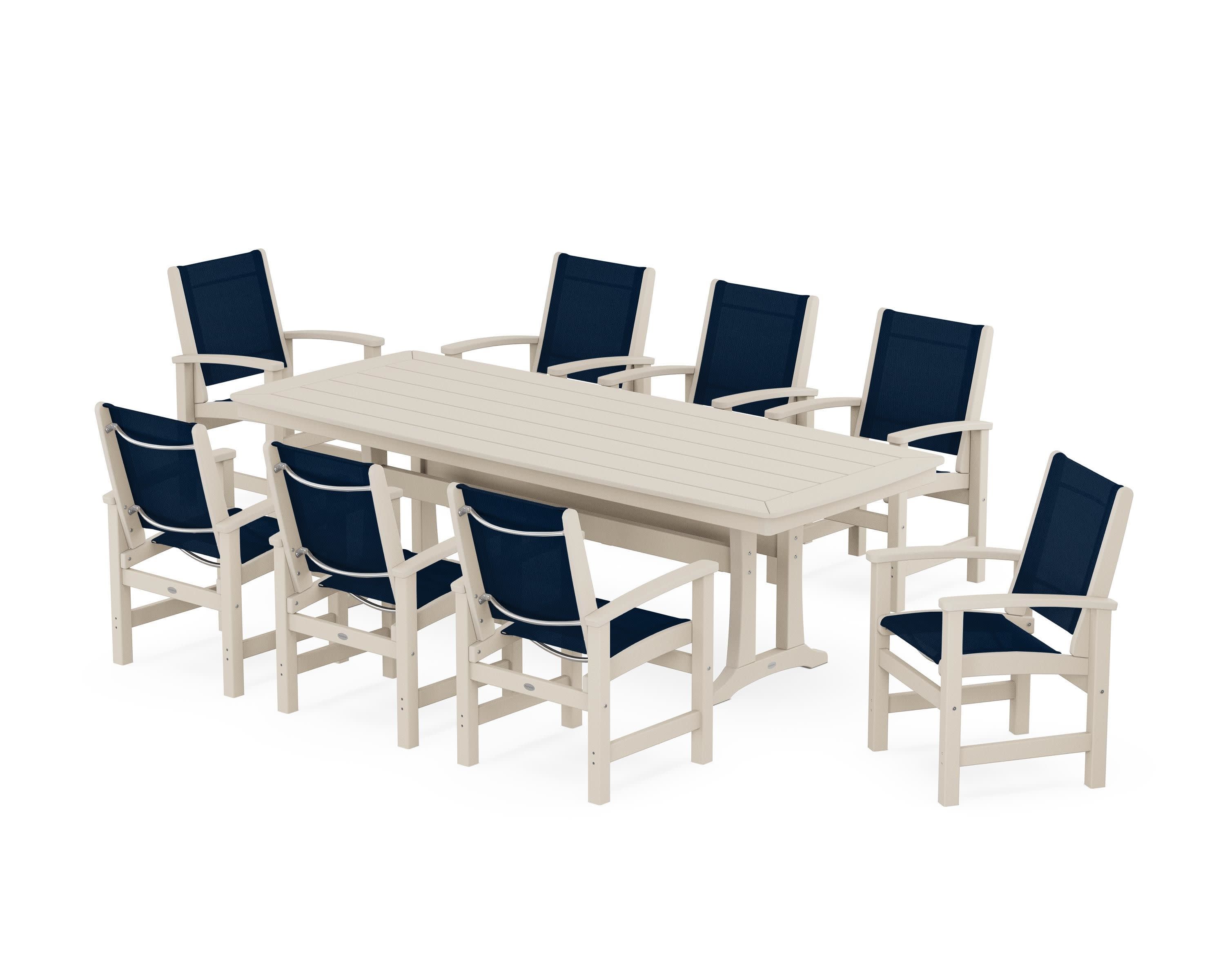 Coastal 9-Piece Dining Set with Trestle Legs in Sand / Navy Blue Sling