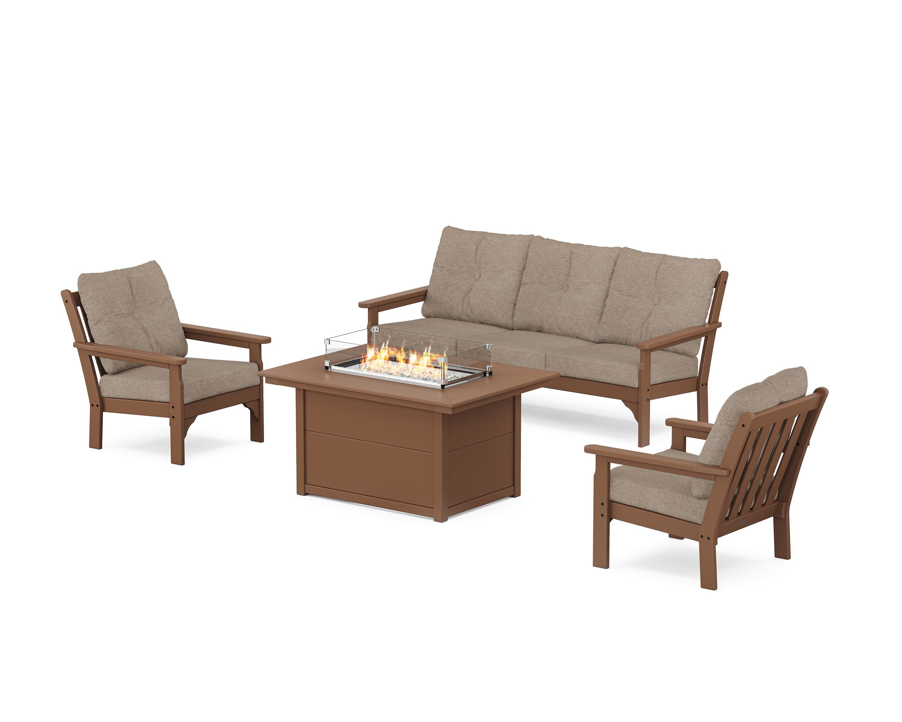 Vineyard Deep Seating Fire Pit Table Set in Teak / Spiced Burlap