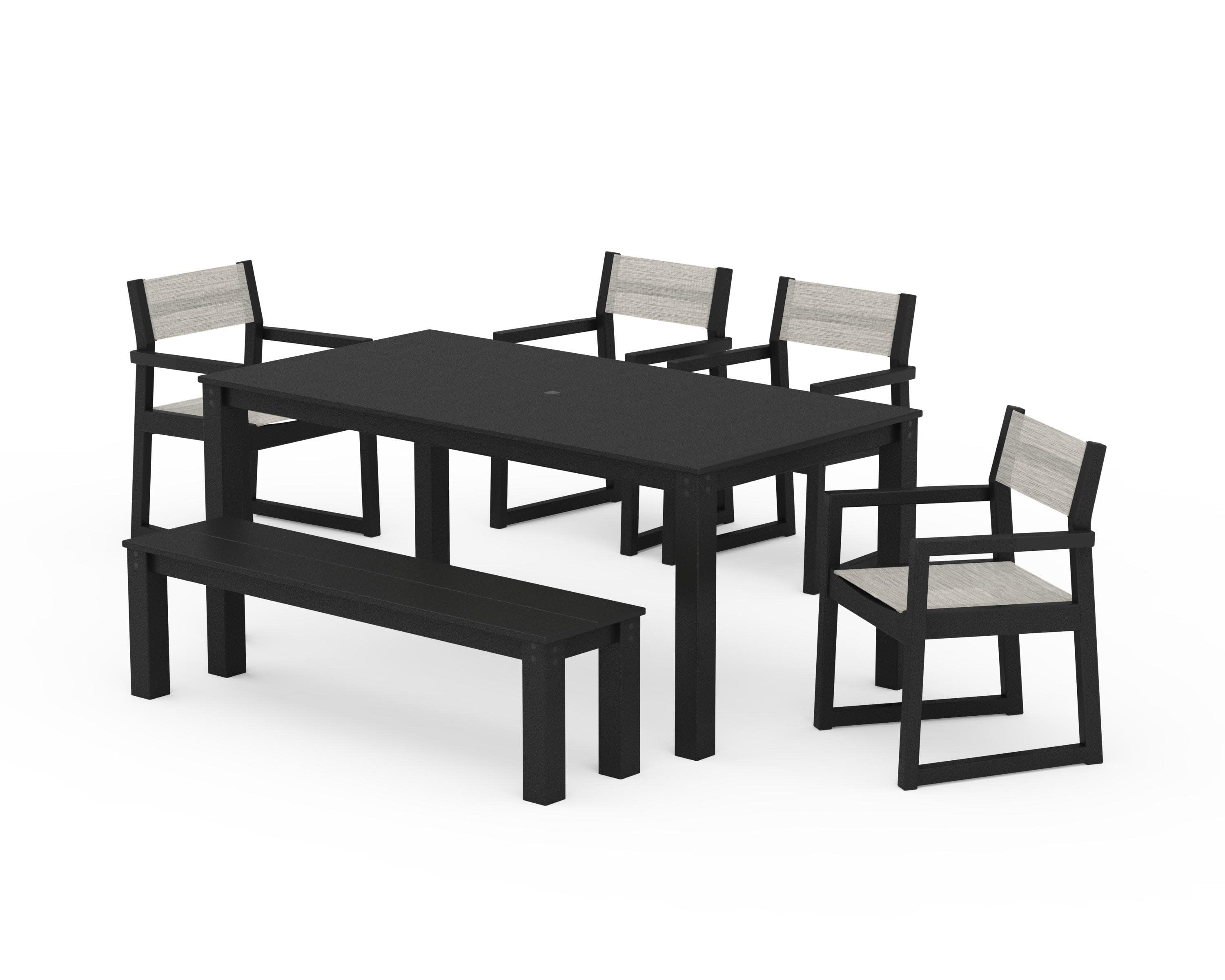 EDGE Sling Arm Chair 6-Piece Parsons Dining Set with Bench in Black / Birch Sling