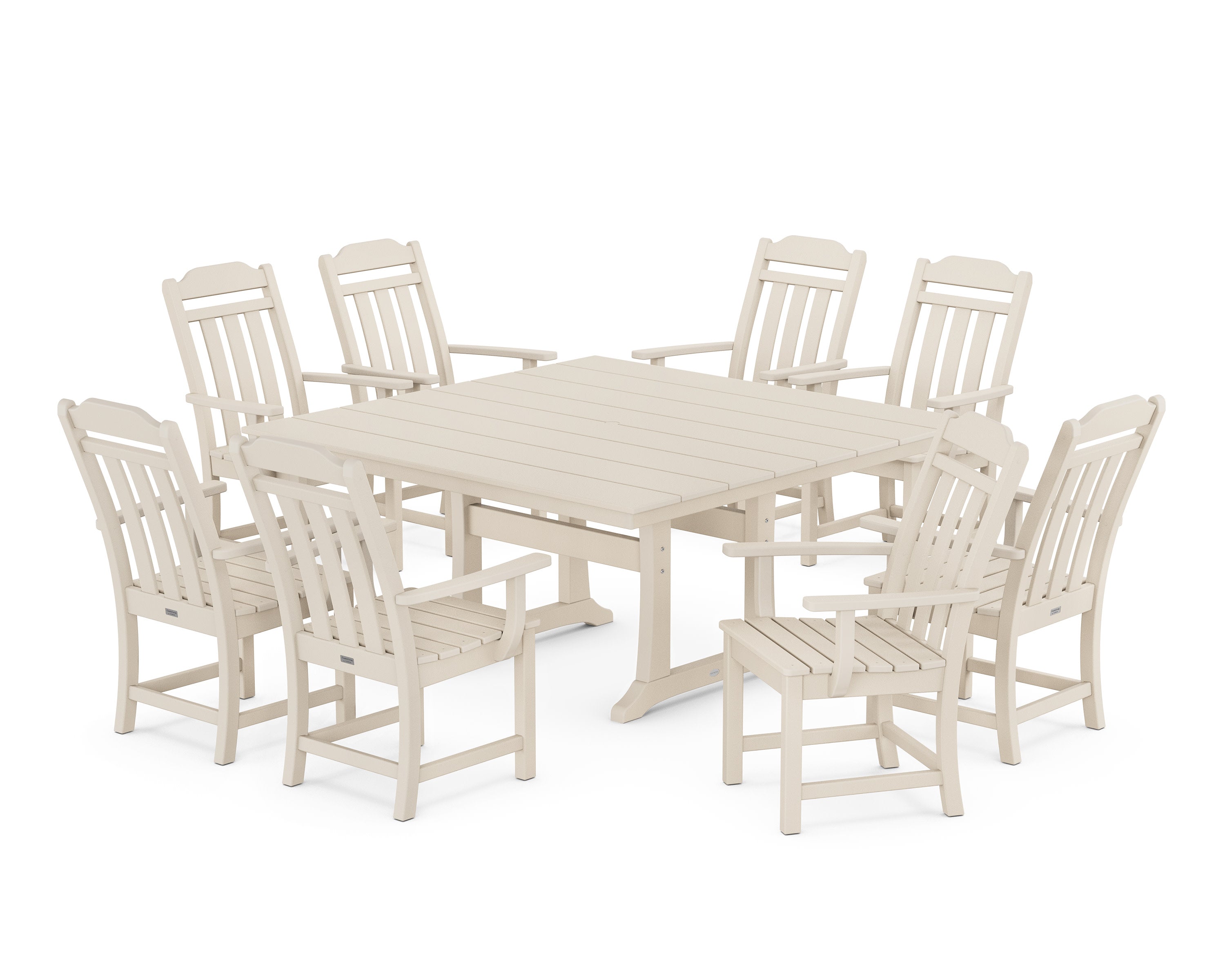 Cottage 9-Piece Square Farmhouse Dining Set with Trestle Legs in Sand
