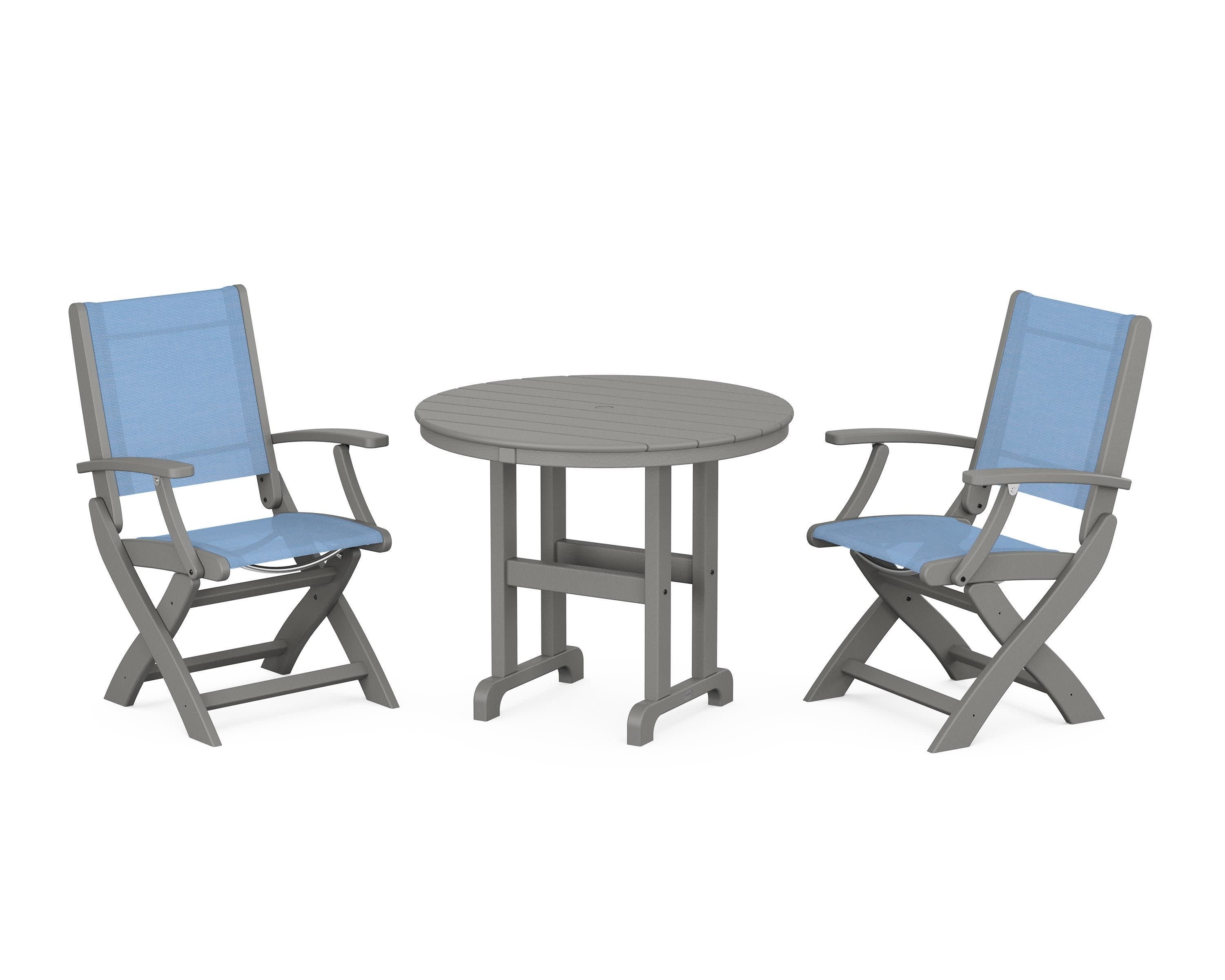Coastal Folding Chair 3-Piece Round Dining Set in Slate Grey / Poolside Sling