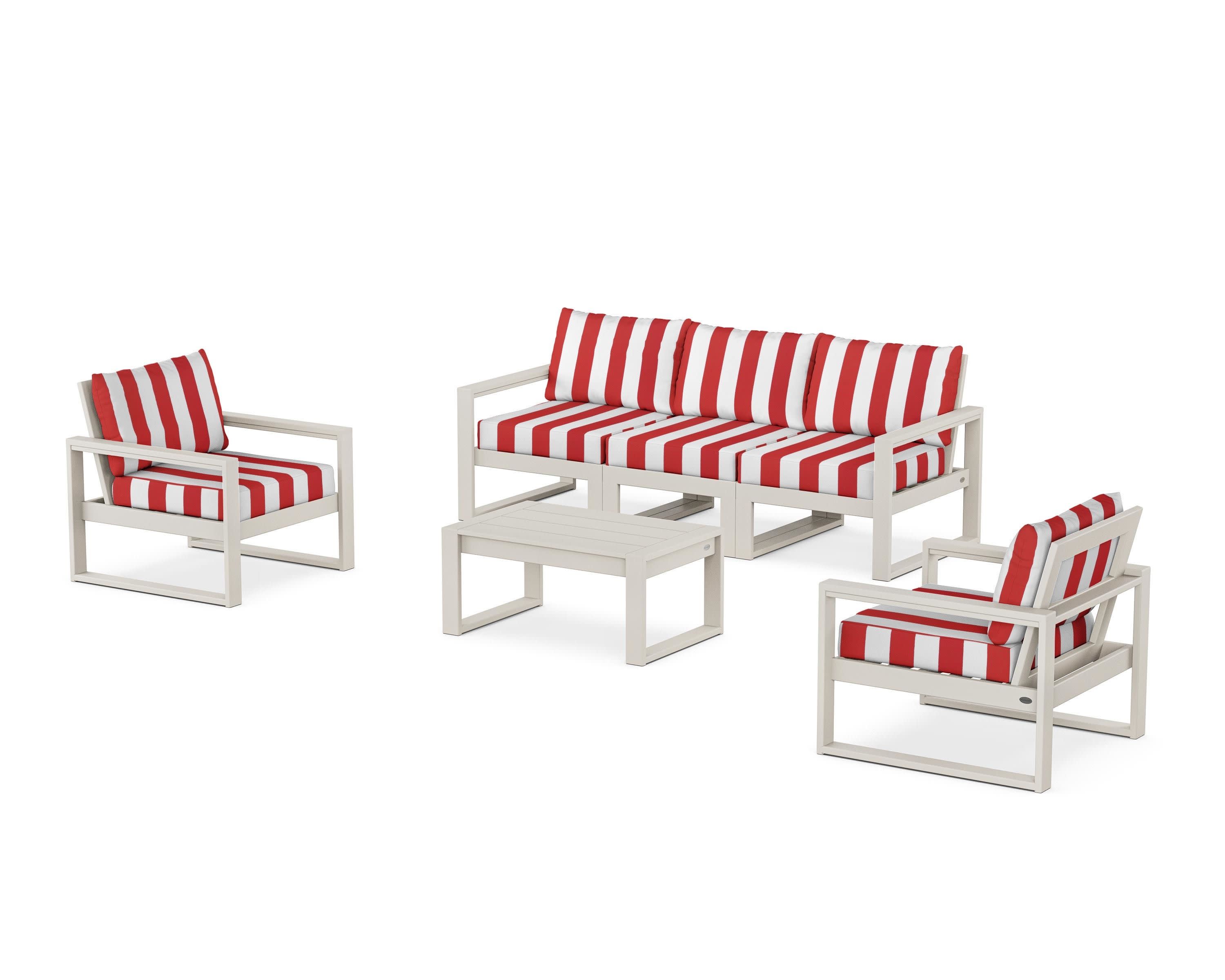 EDGE Sectional 4-Piece Deep Seating Set with Sofa in Sand / Cabana Stripe Crimson