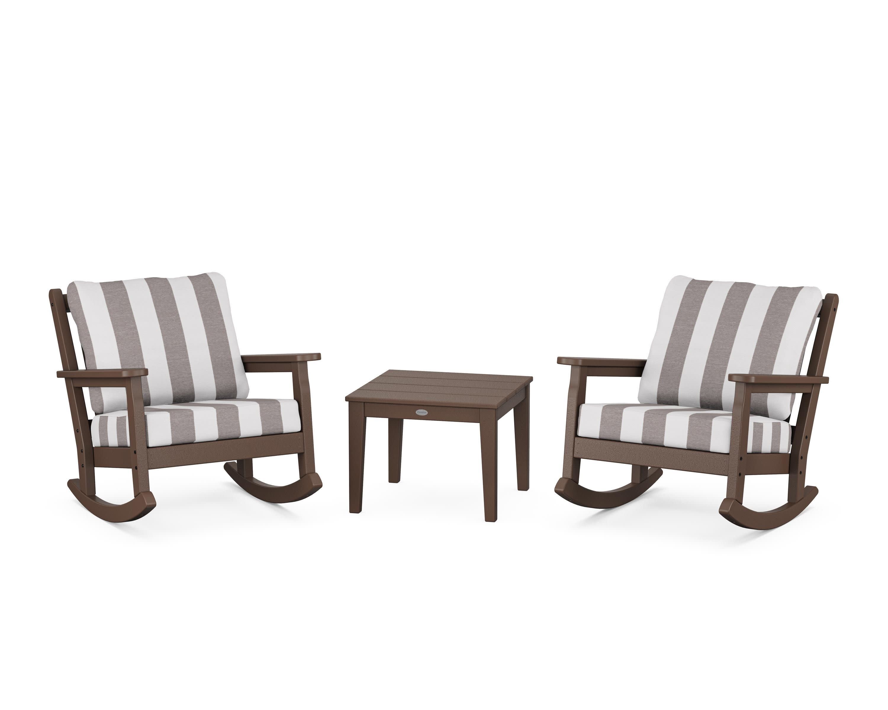 Chippendale 3-Piece Deep Seating Rocker Set in Mahogany / Cabana Stripe Grey Mist