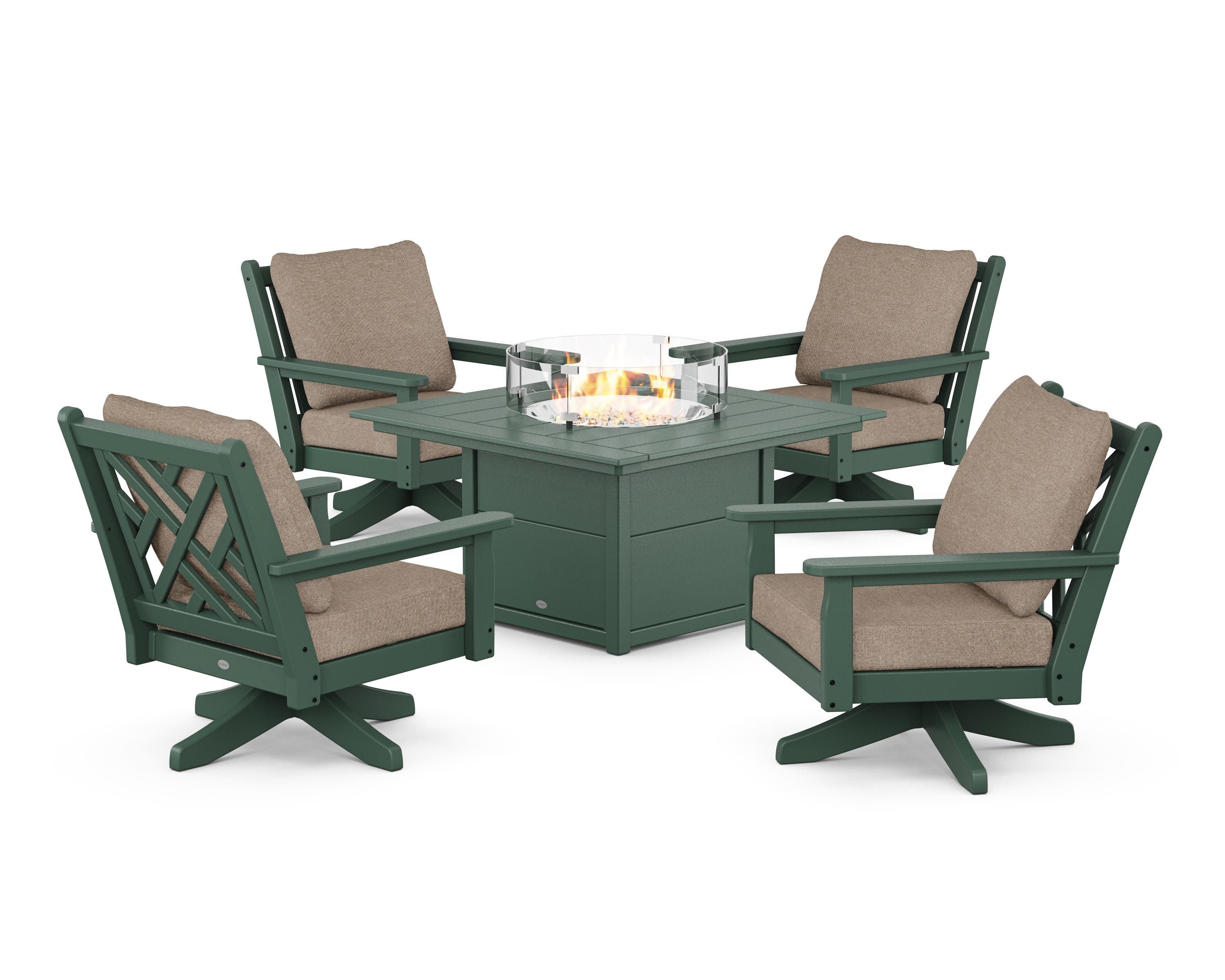 Chippendale 5-Piece Deep Seating Swivel Conversation Set with Fire Pit Table in Green / Spiced Burlap