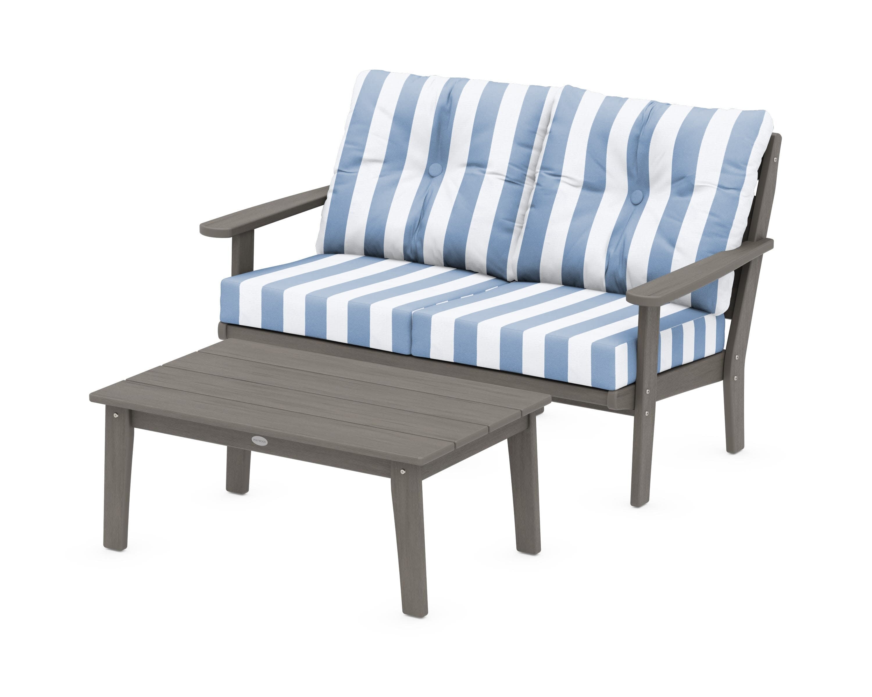 Lakeside 2-Piece Lounge Loveseat Set in Driftwood / Cabana Stripe Sky Blue