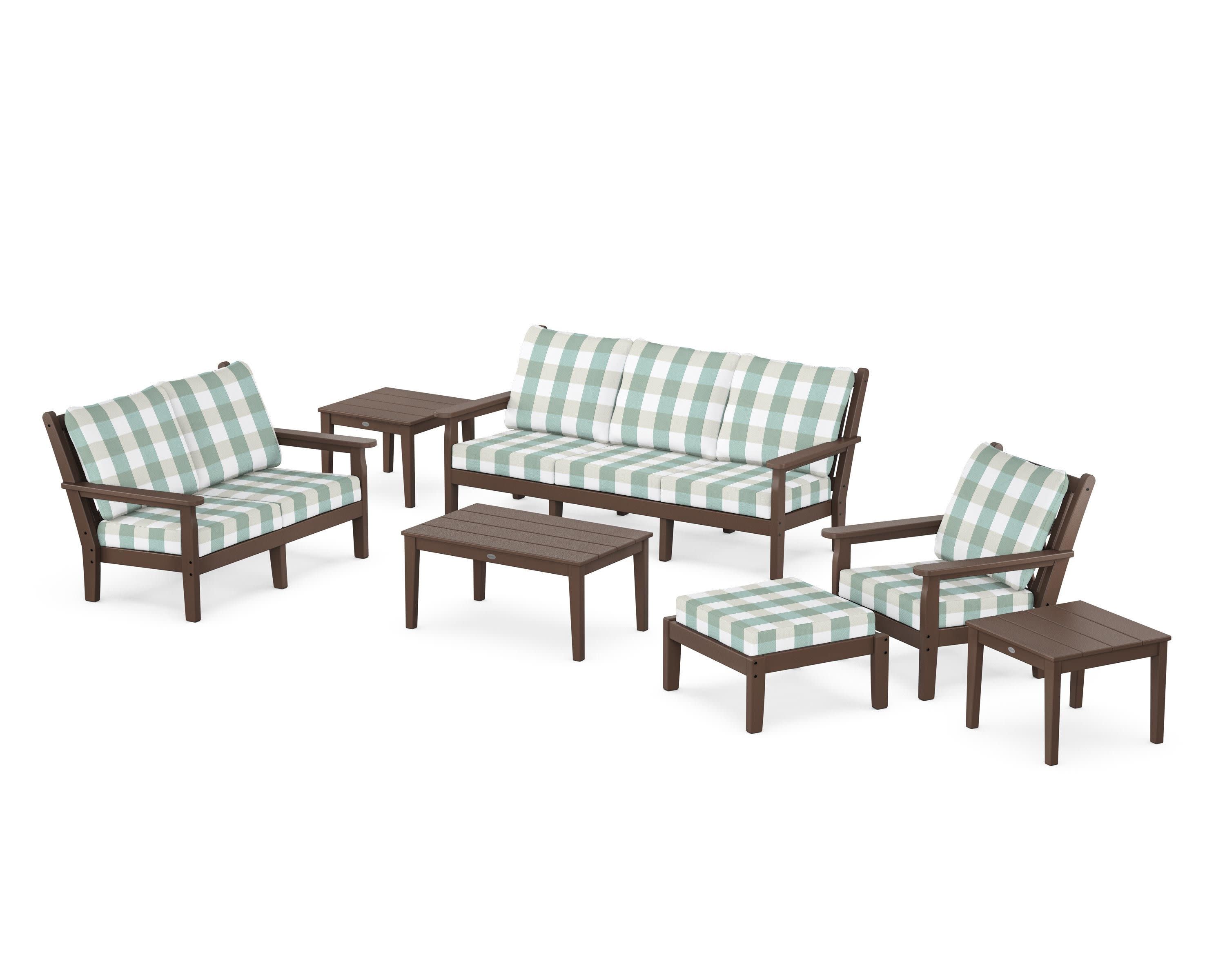 Chippendale 7-Piece Deep Seating Set in Mahogany / Buffalo Plaid Glacier Spa