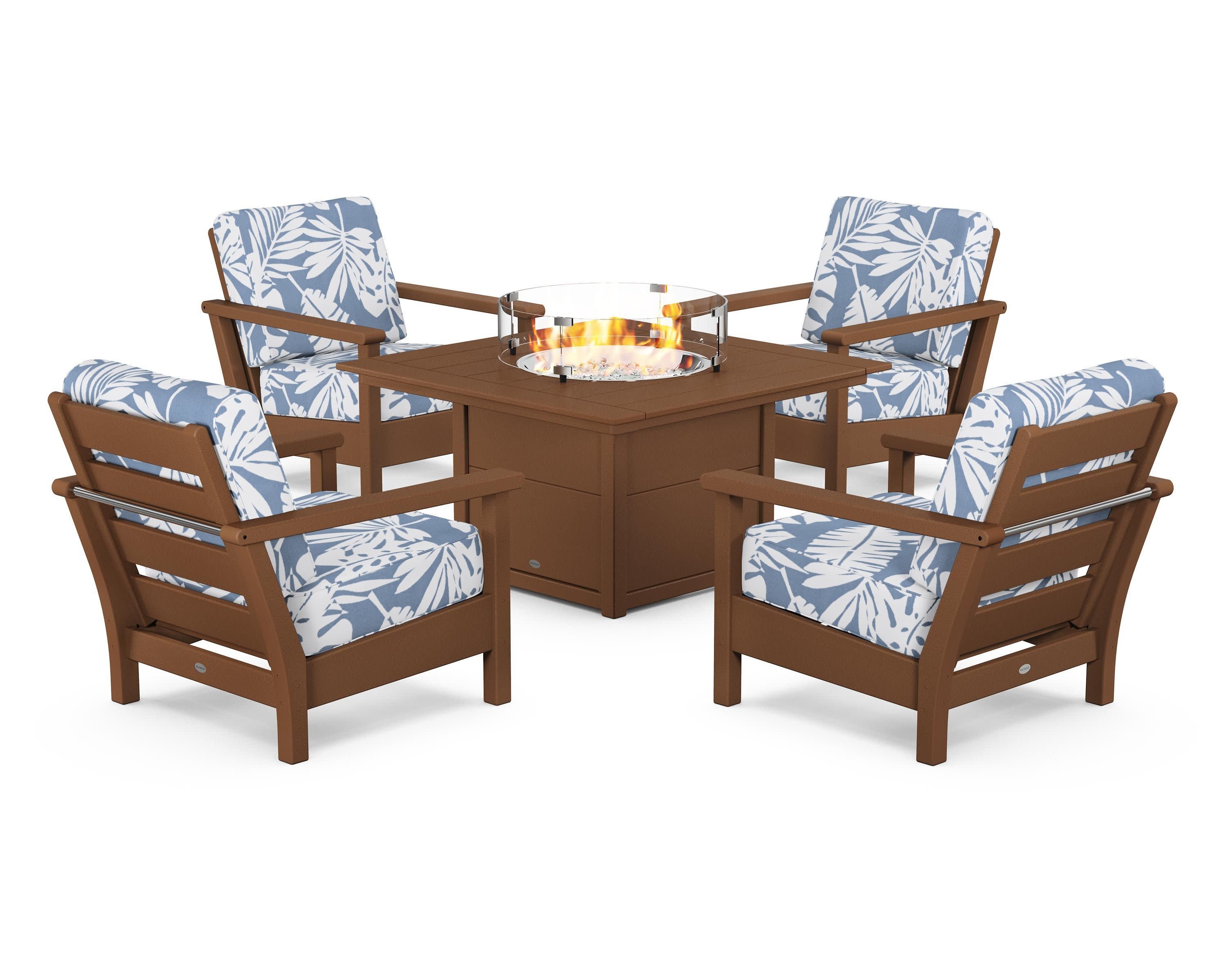 Harbour 5-Piece Conversation Set with Fire Pit Table in Teak / Leaf Sky Blue