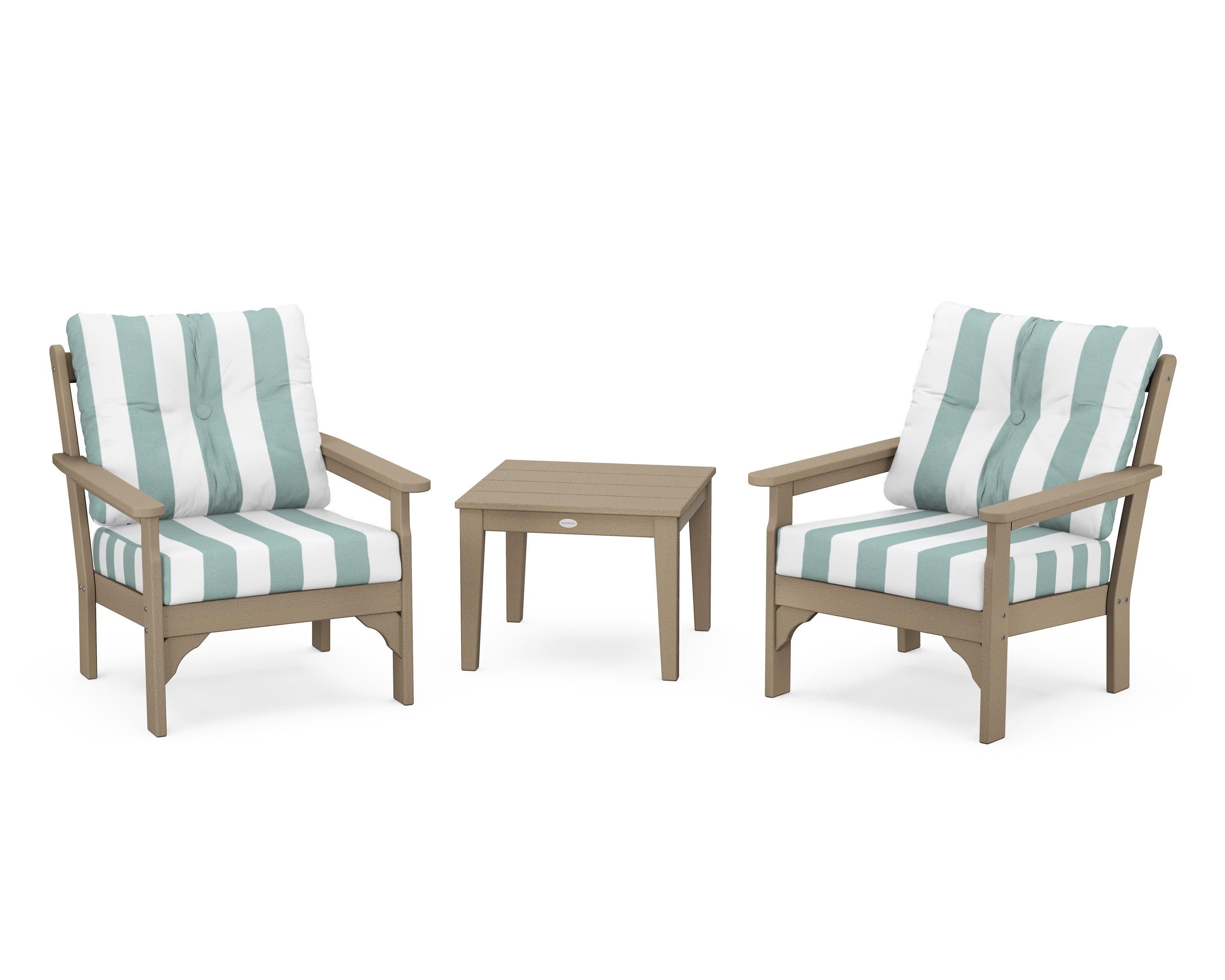Vineyard 3-Piece Deep Seating Set in Vintage Sahara / Cabana Stripe Glacier Spa