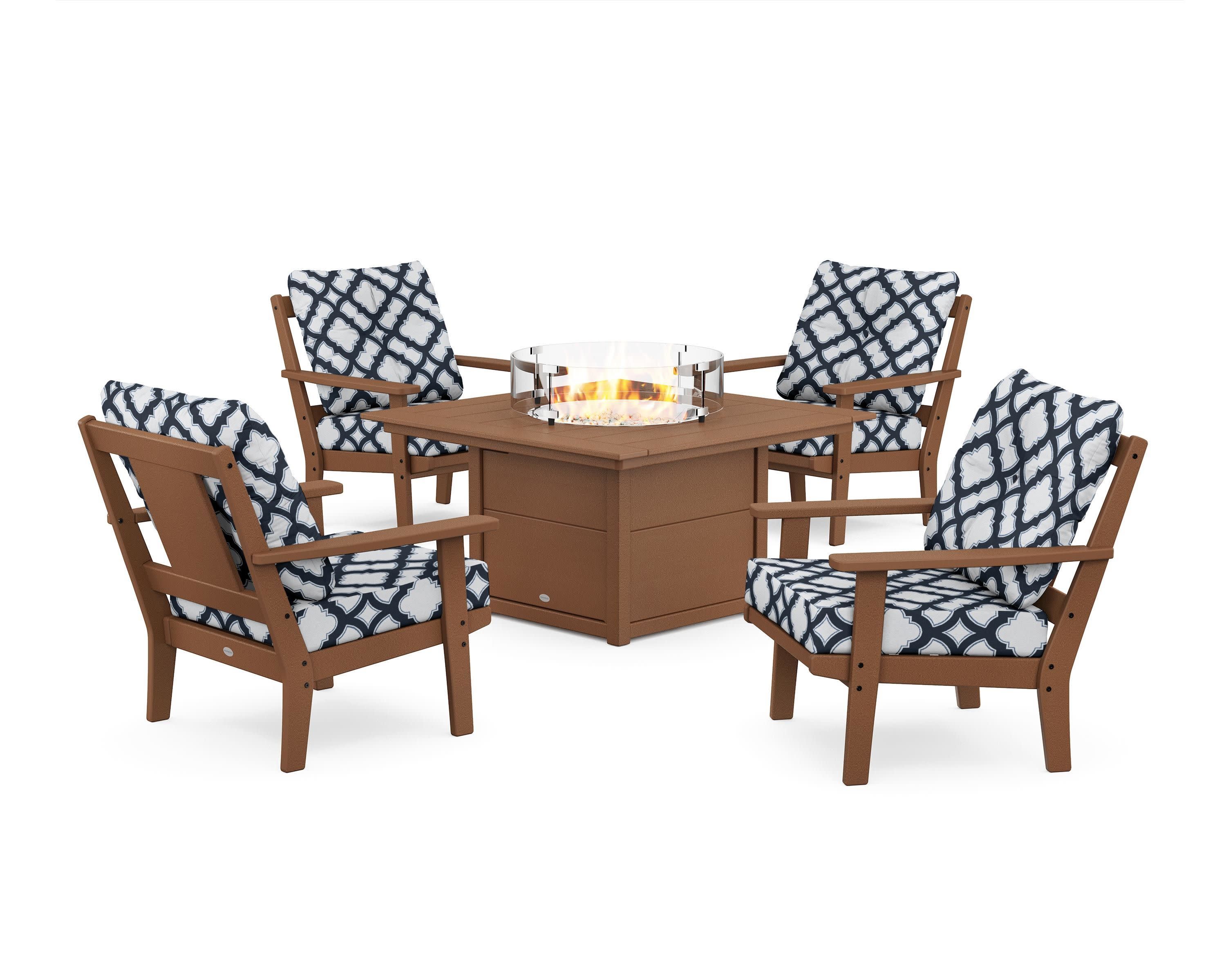 Prairie 5-Piece Deep Seating Set with Fire Pit Table in Teak / Trellis Marine Indigo