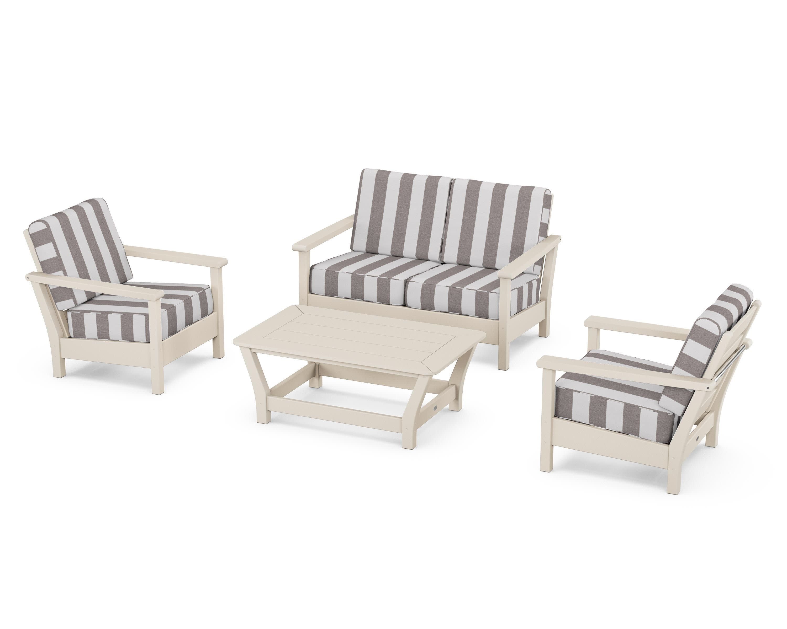 Harbour 4-Piece Deep Seating Set in Sand / Cabana Stripe Grey Mist