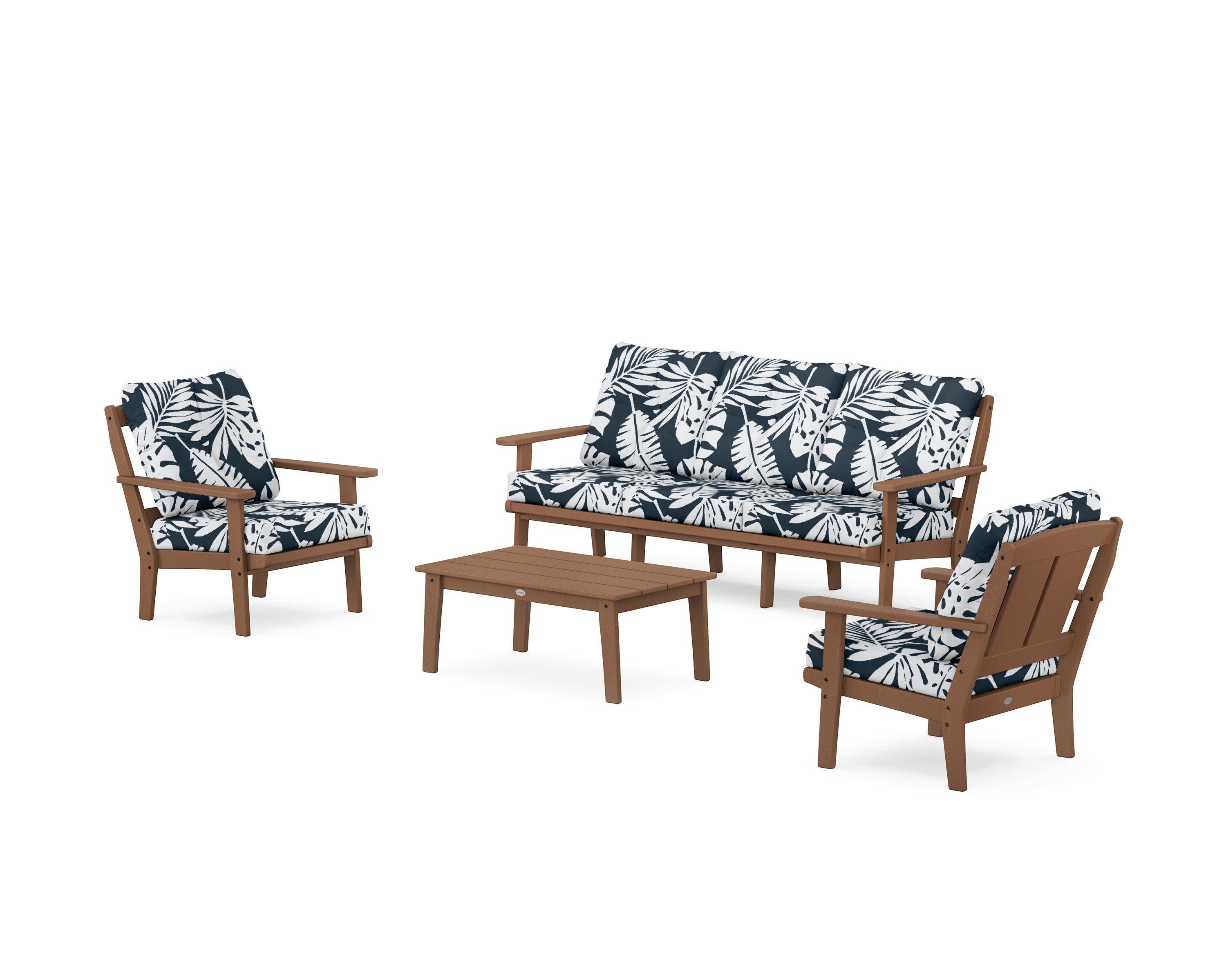 Mission 4-Piece Deep Seating Set with Sofa in Teak / Leaf Marine Indigo