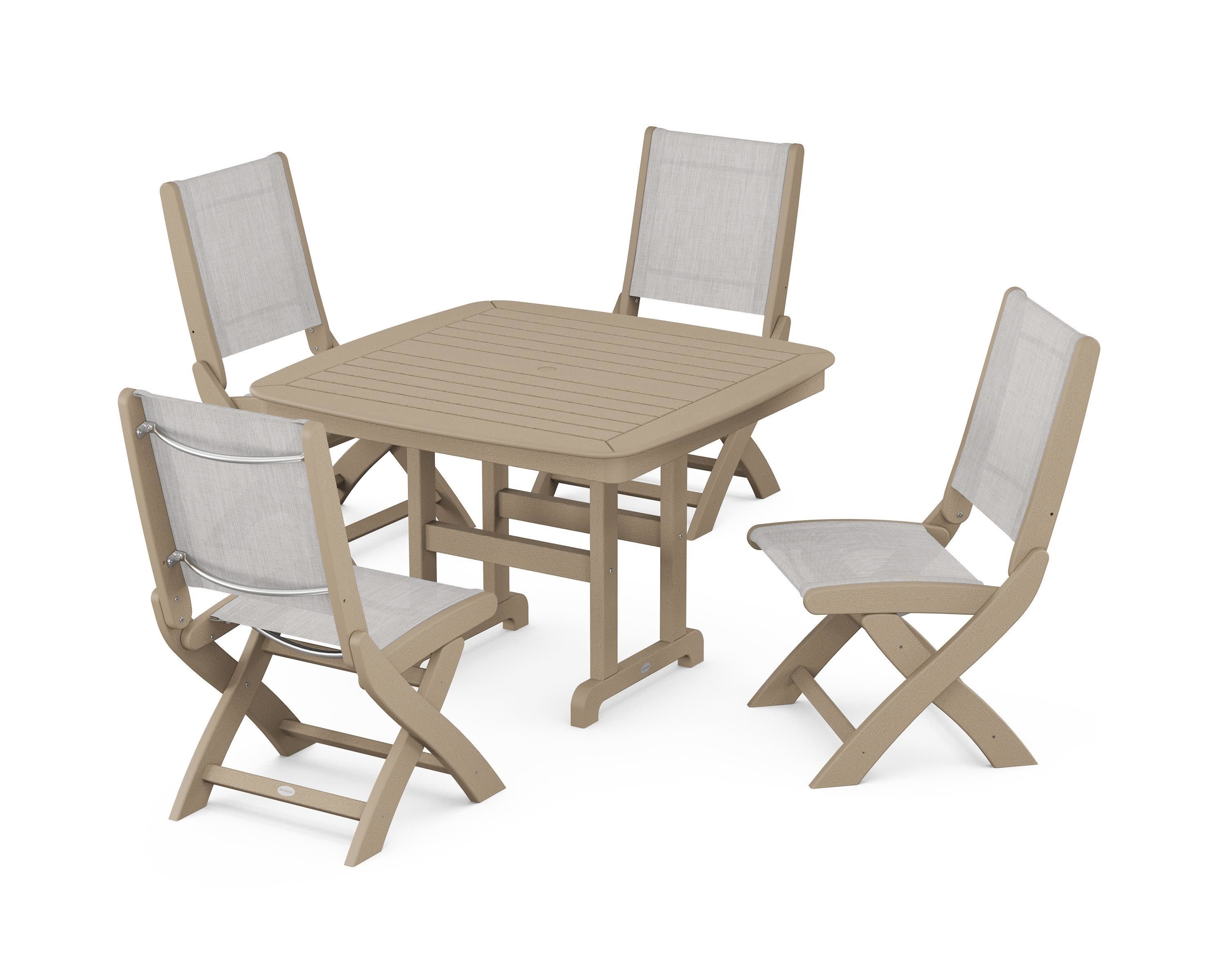 Coastal Folding Side Chair 5-Piece Dining Set in Vintage Sahara / Parchment Sling
