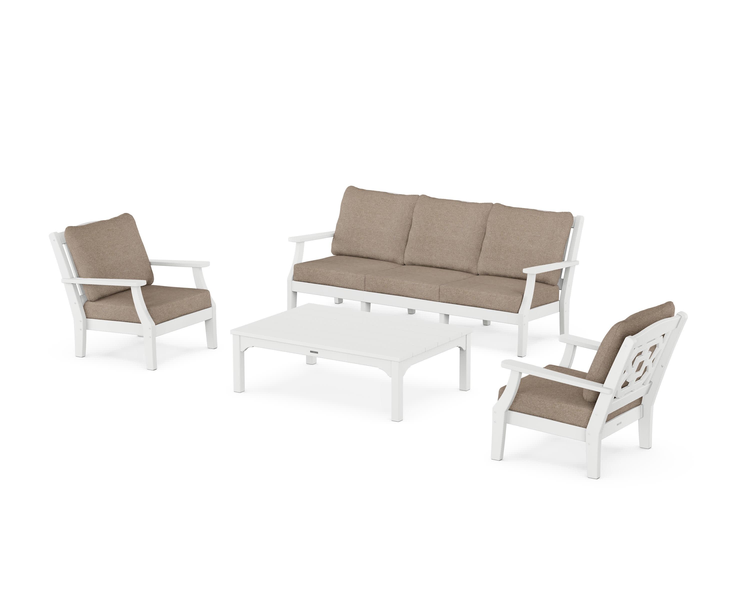 Chinoiserie 4-Piece Deep Seating Set with Sofa in White / Spiced Burlap