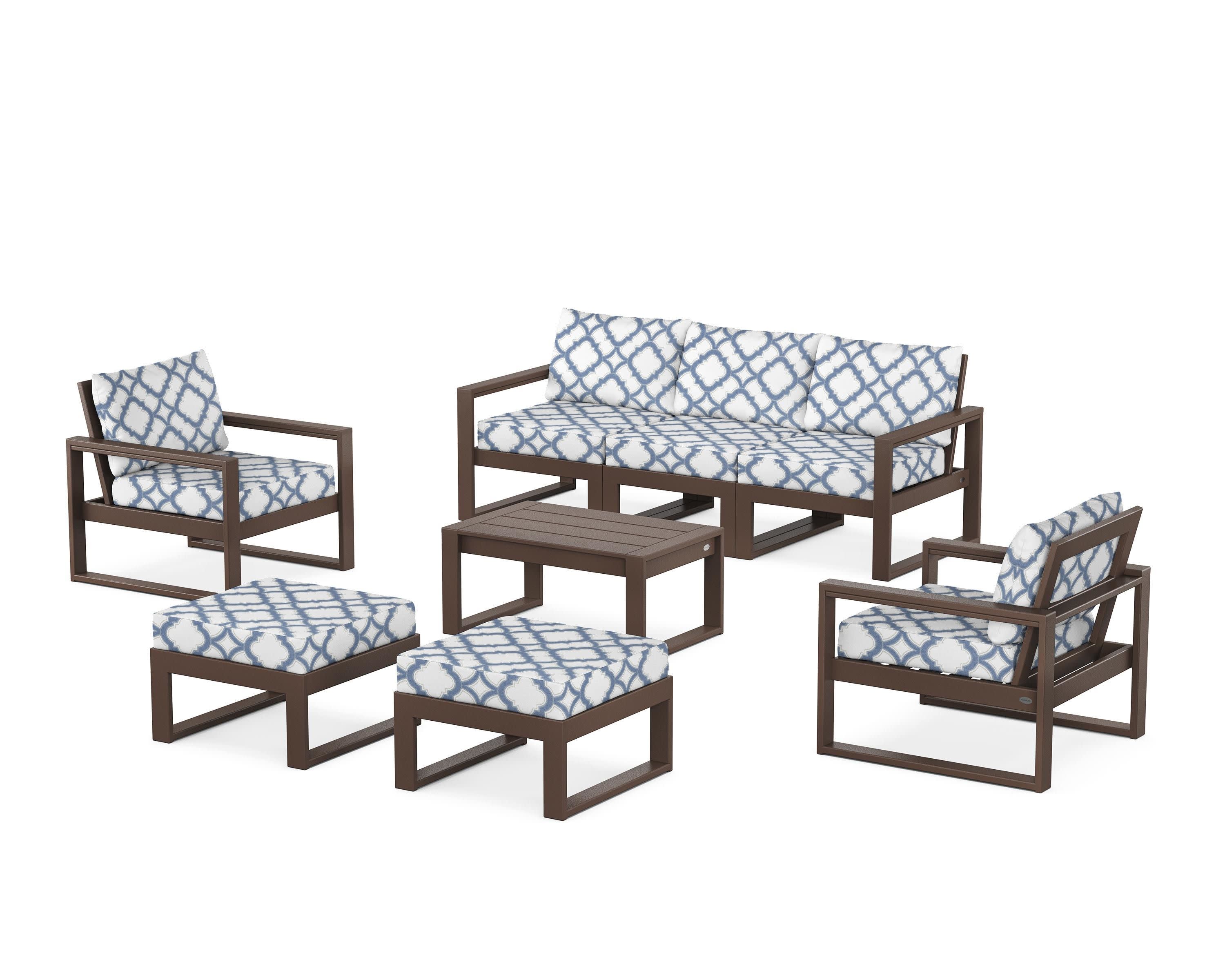 EDGE Sectional 8-Piece Lounge Sofa Set in Mahogany / Trellis Sky Blue
