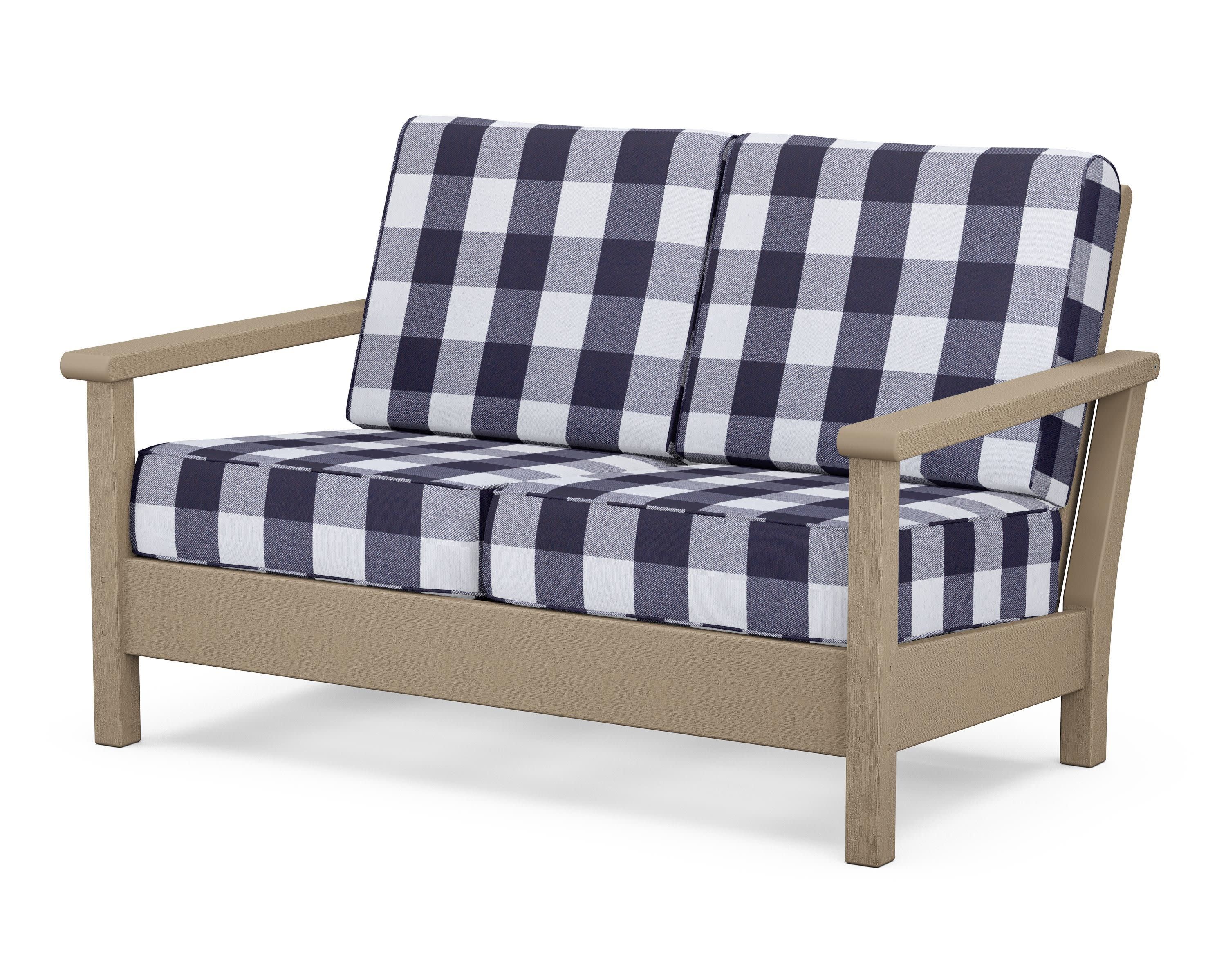 Harbour Deep Seating Loveseat in Vintage Sahara / Buffalo Plaid Navy