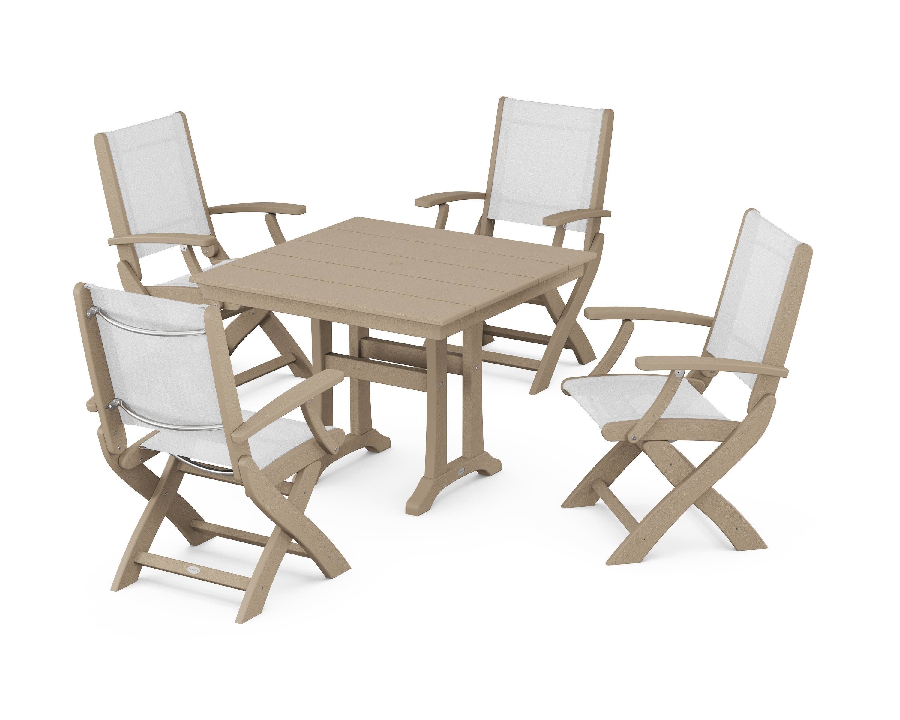 Coastal Folding Chair 5-Piece Farmhouse Dining Set With Trestle Legs in Vintage Sahara / White Sling