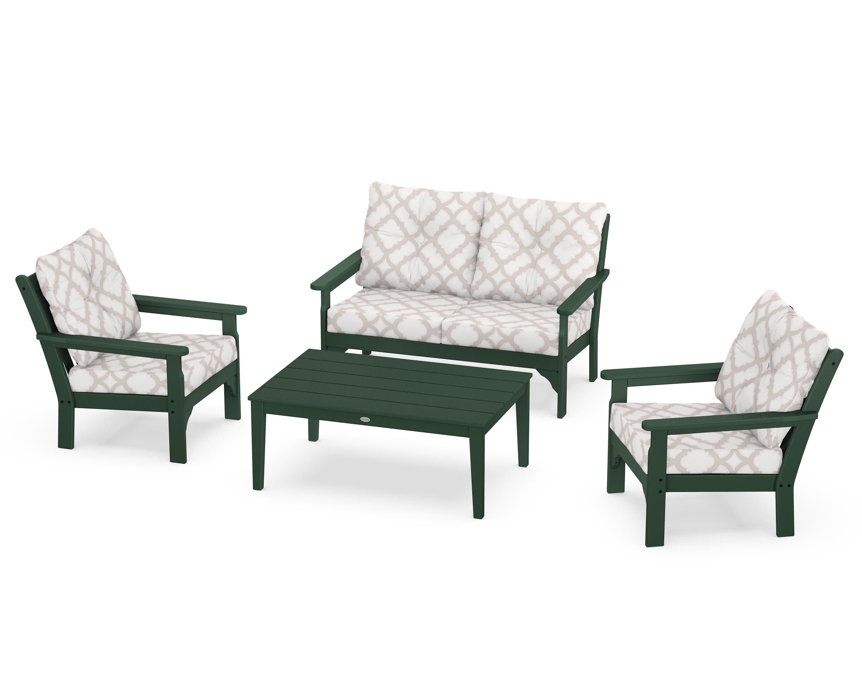 Vineyard 4-Piece Deep Seating Set in Green / Trellis Dune Burlap