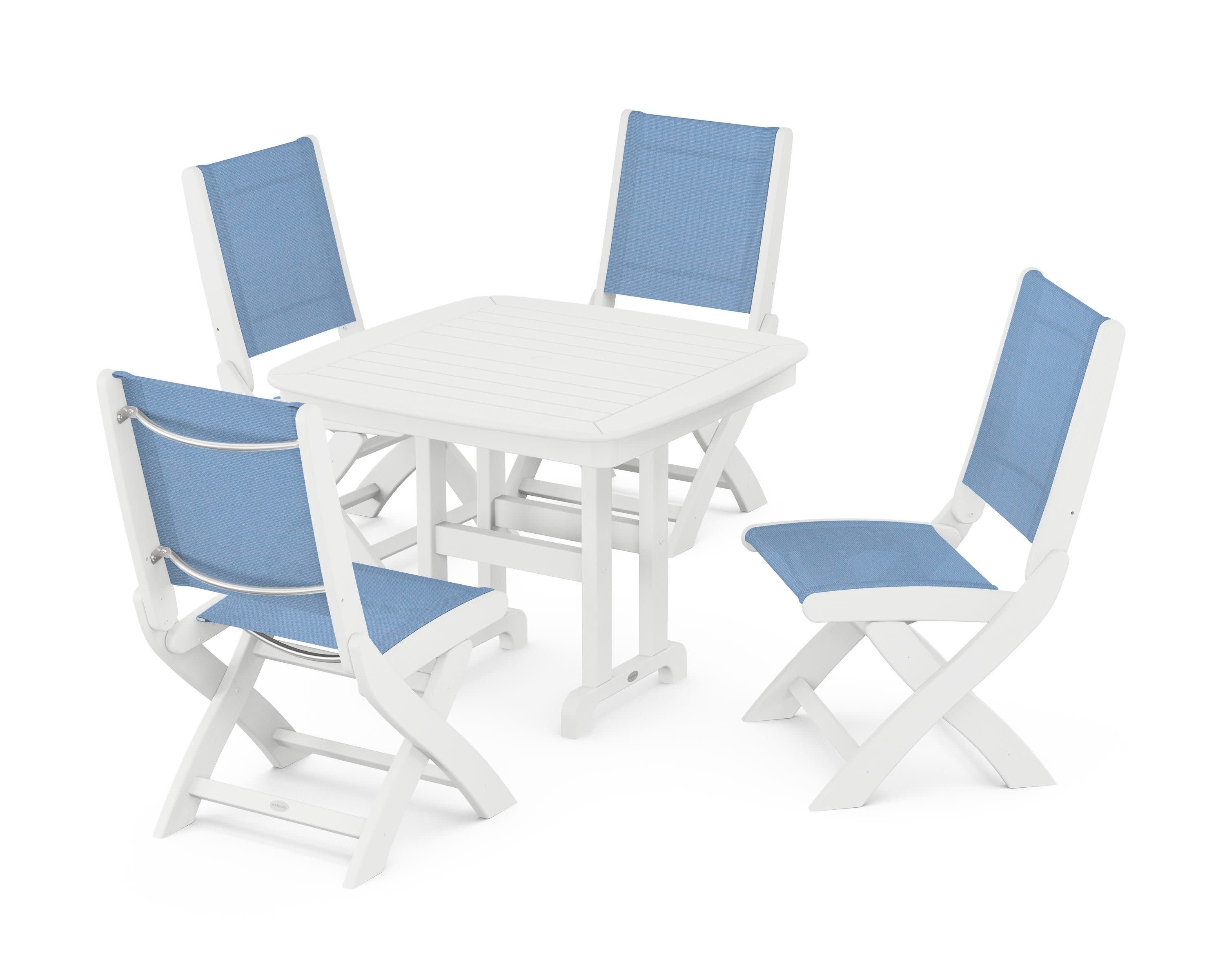 Coastal Folding Side Chair 5-Piece Dining Set in White / Poolside Sling