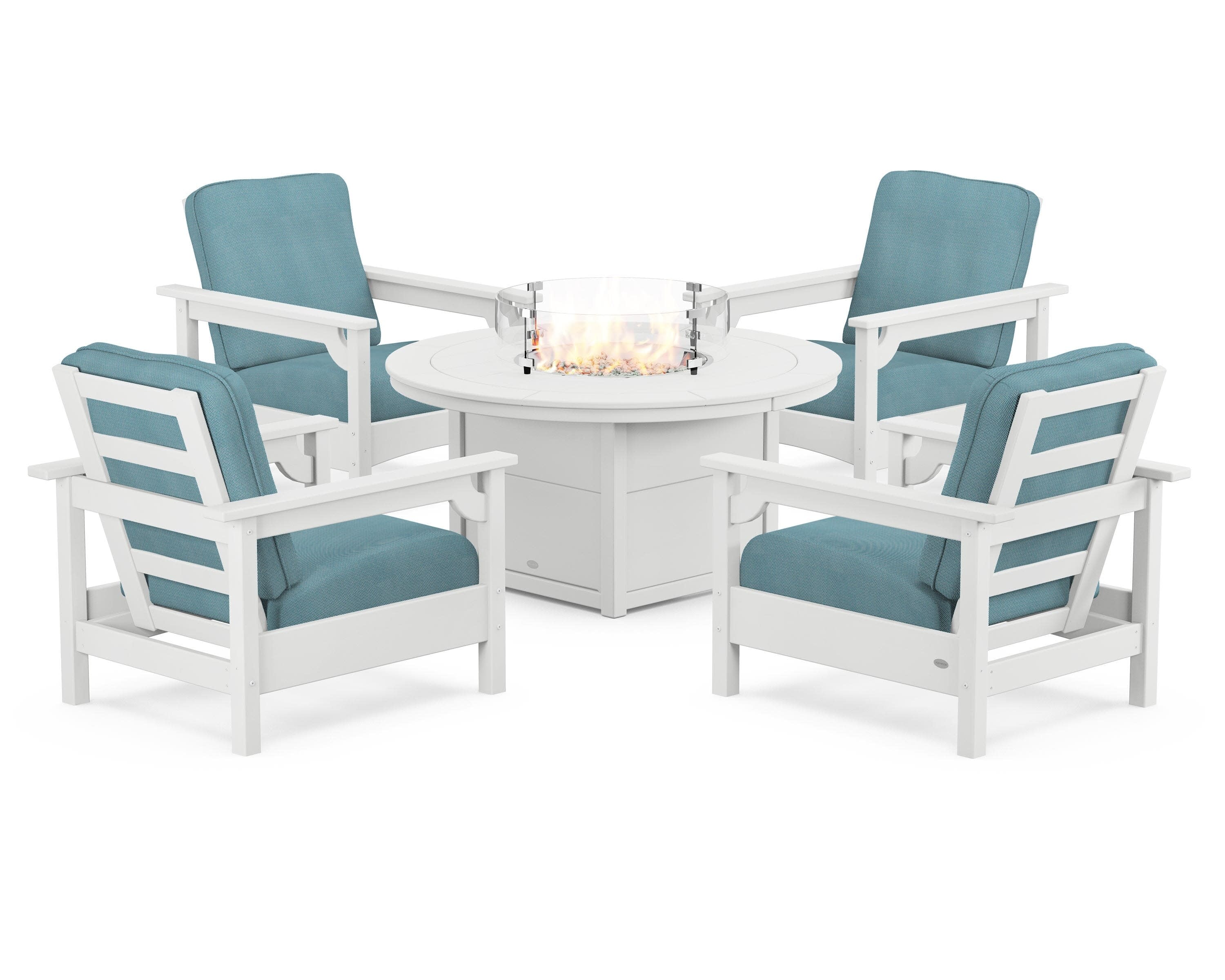 Club 5-Piece Conversation Set with Fire Pit Table in White / Lattice Sky Blue
