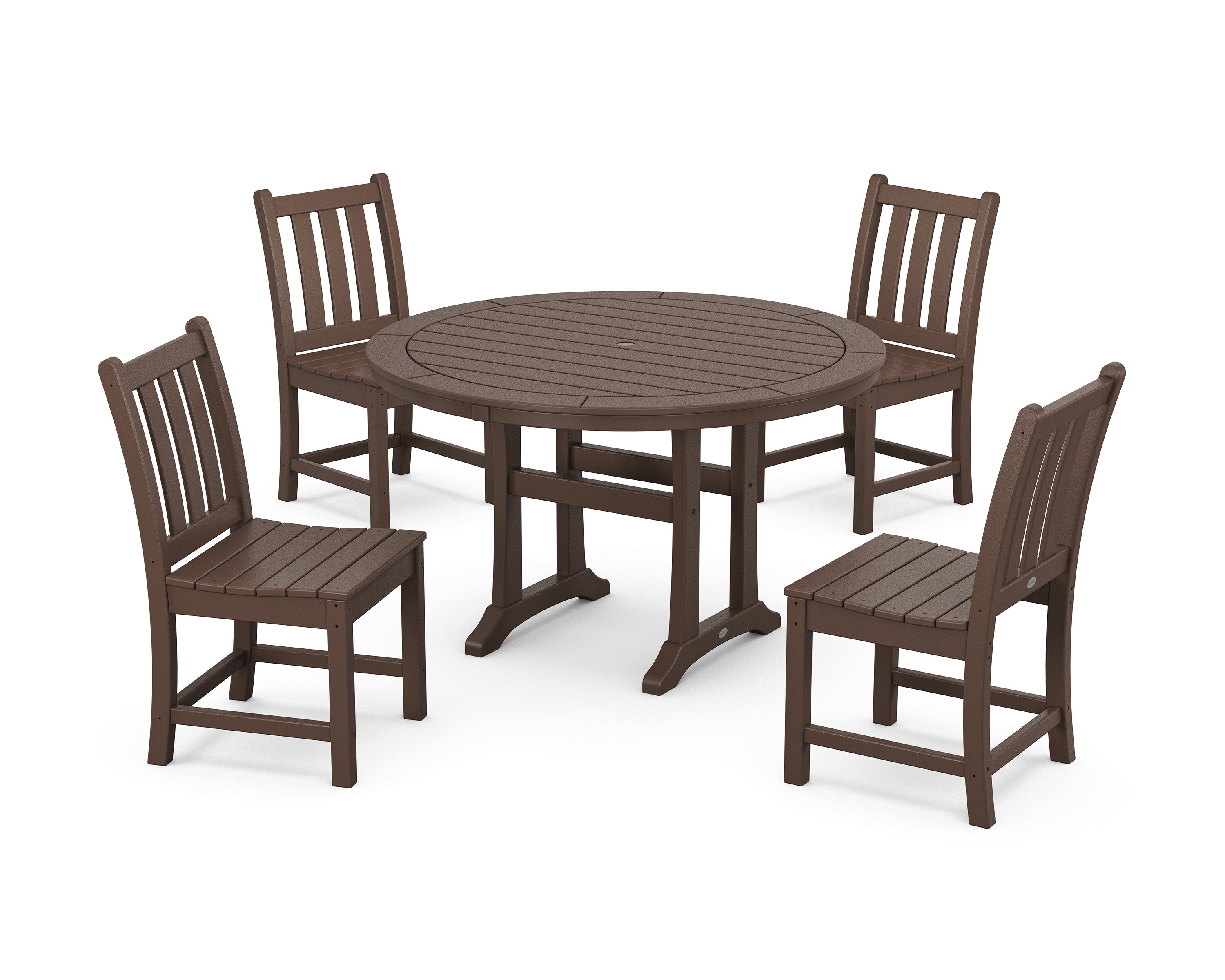 Traditional Garden Side Chair 5-Piece Round Dining Set With Trestle Legs in Mahogany