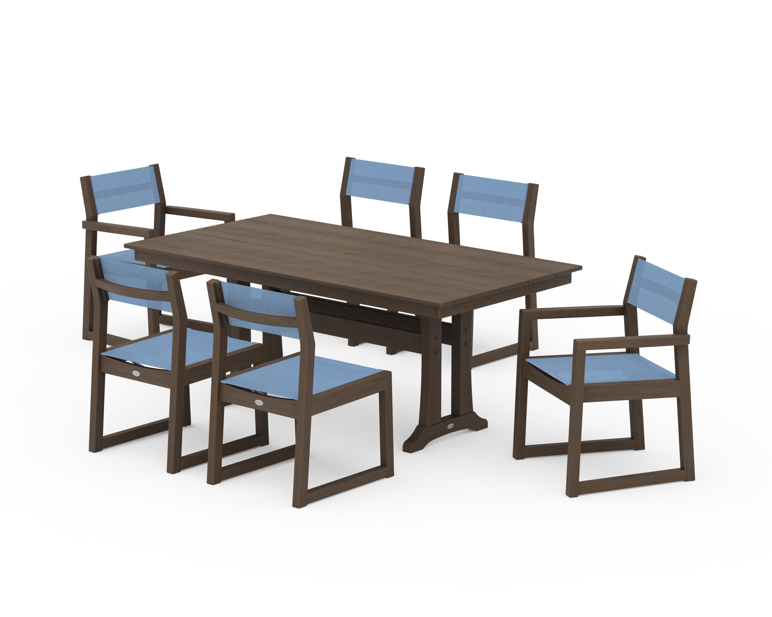 EDGE Sling 7-Piece Farmhouse Trestle Dining Set in Kona / Poolside Sling