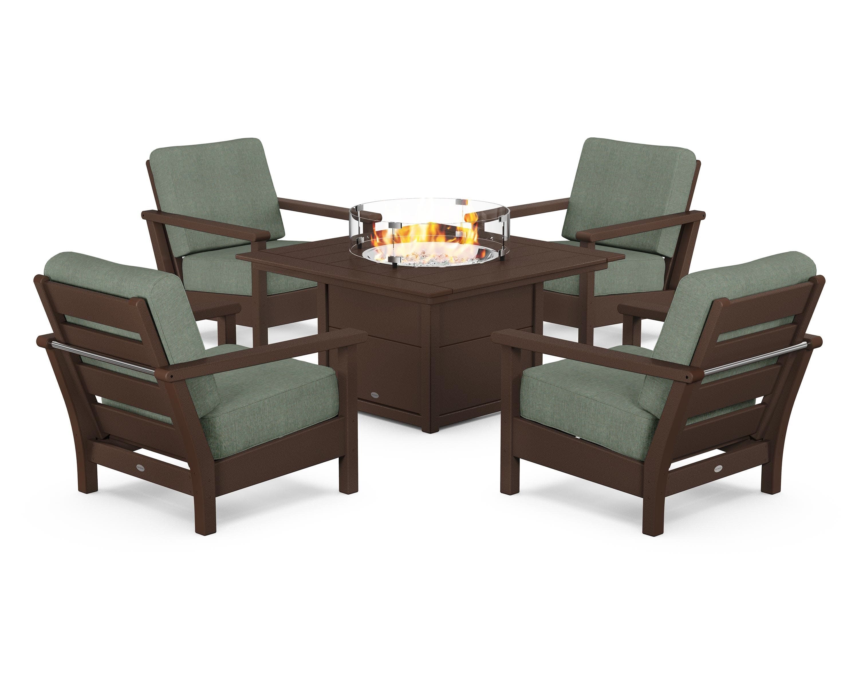 Harbour 5-Piece Conversation Set with Fire Pit Table in Mahogany / Cast Sage