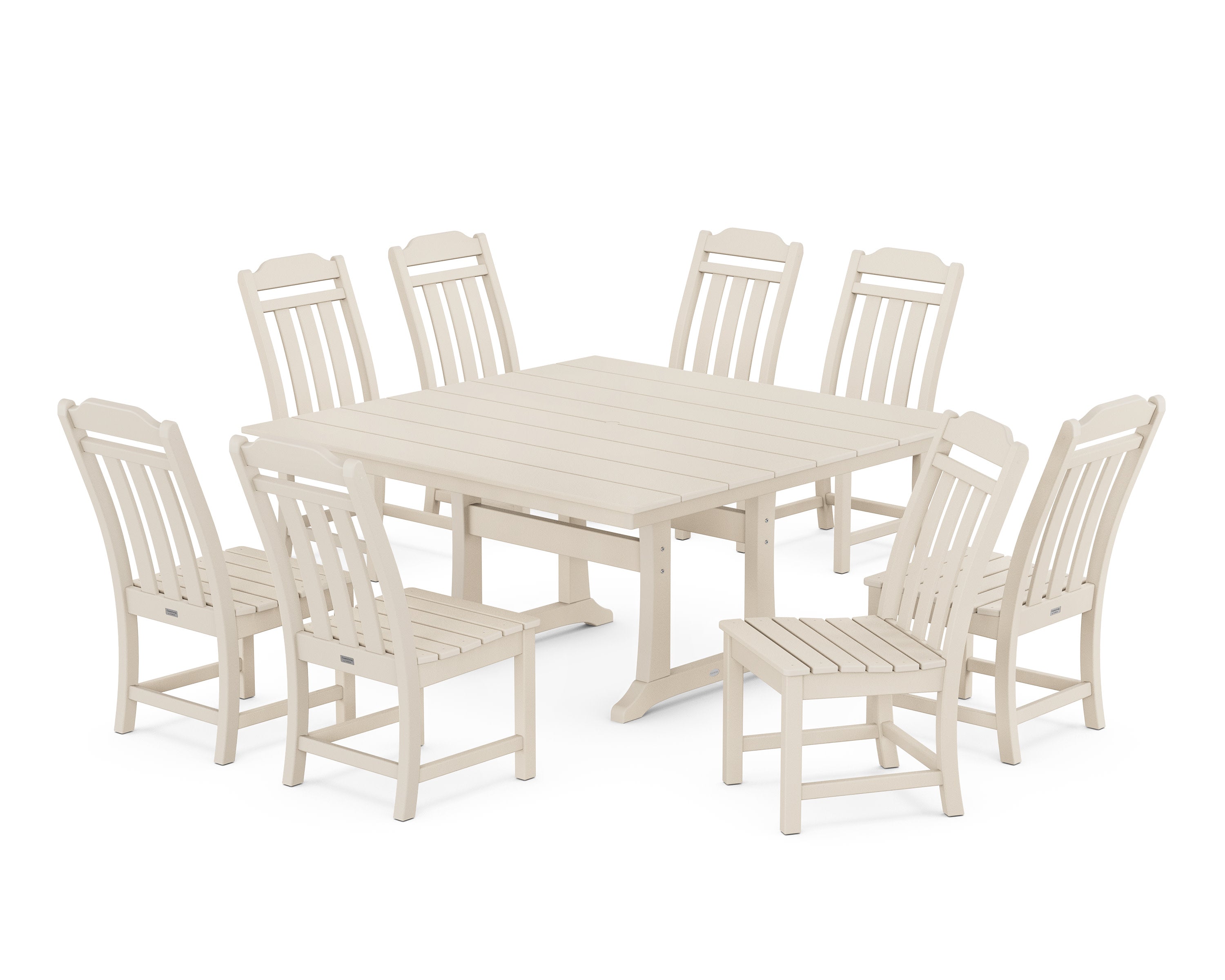 Cottage 9-Piece Square Farmhouse Side Chair Dining Set with Trestle Legs in Sand