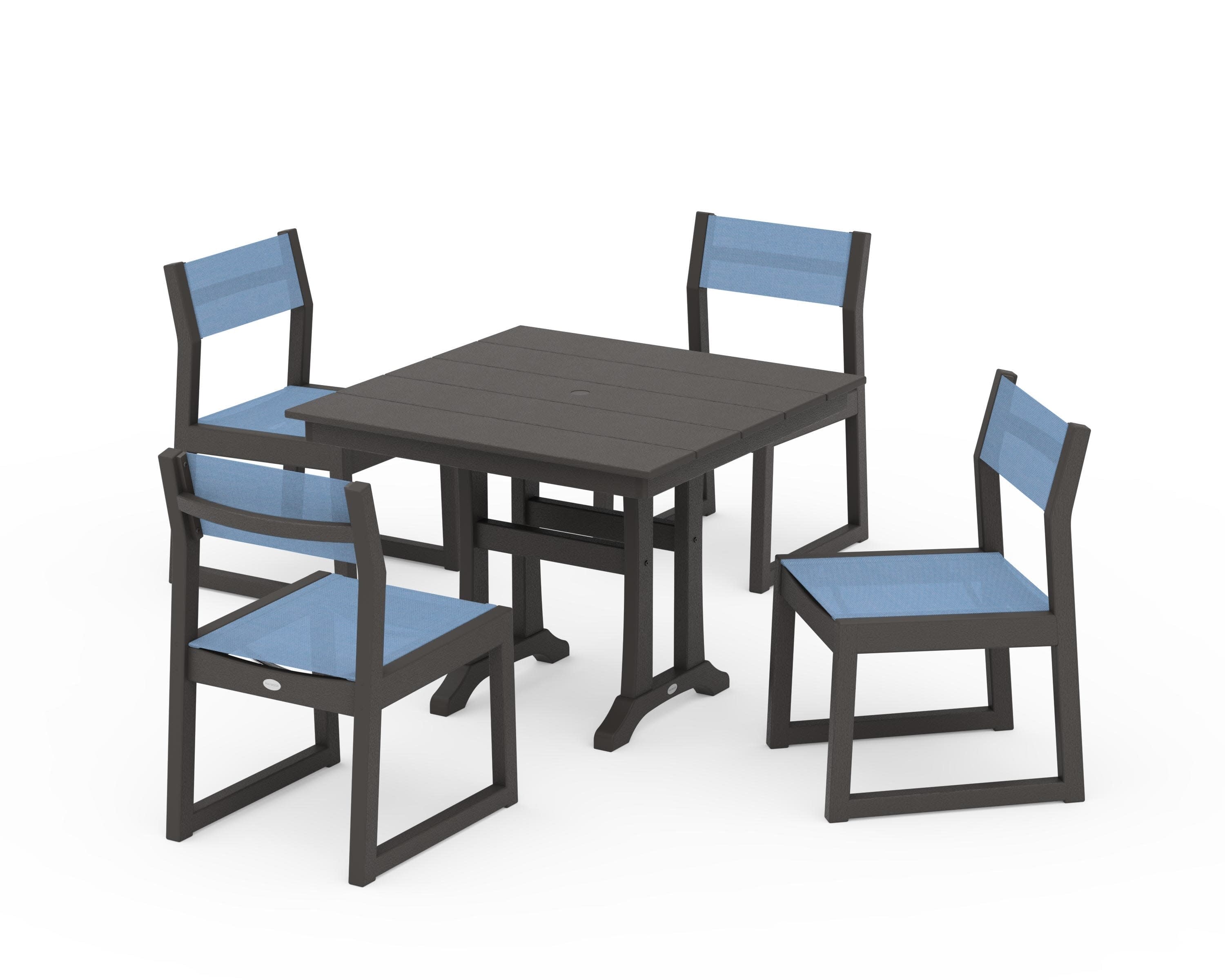 EDGE Sling 5-Piece Farmhouse Trestle Side Chair Dining Set in Vintage Coffee / Poolside Sling