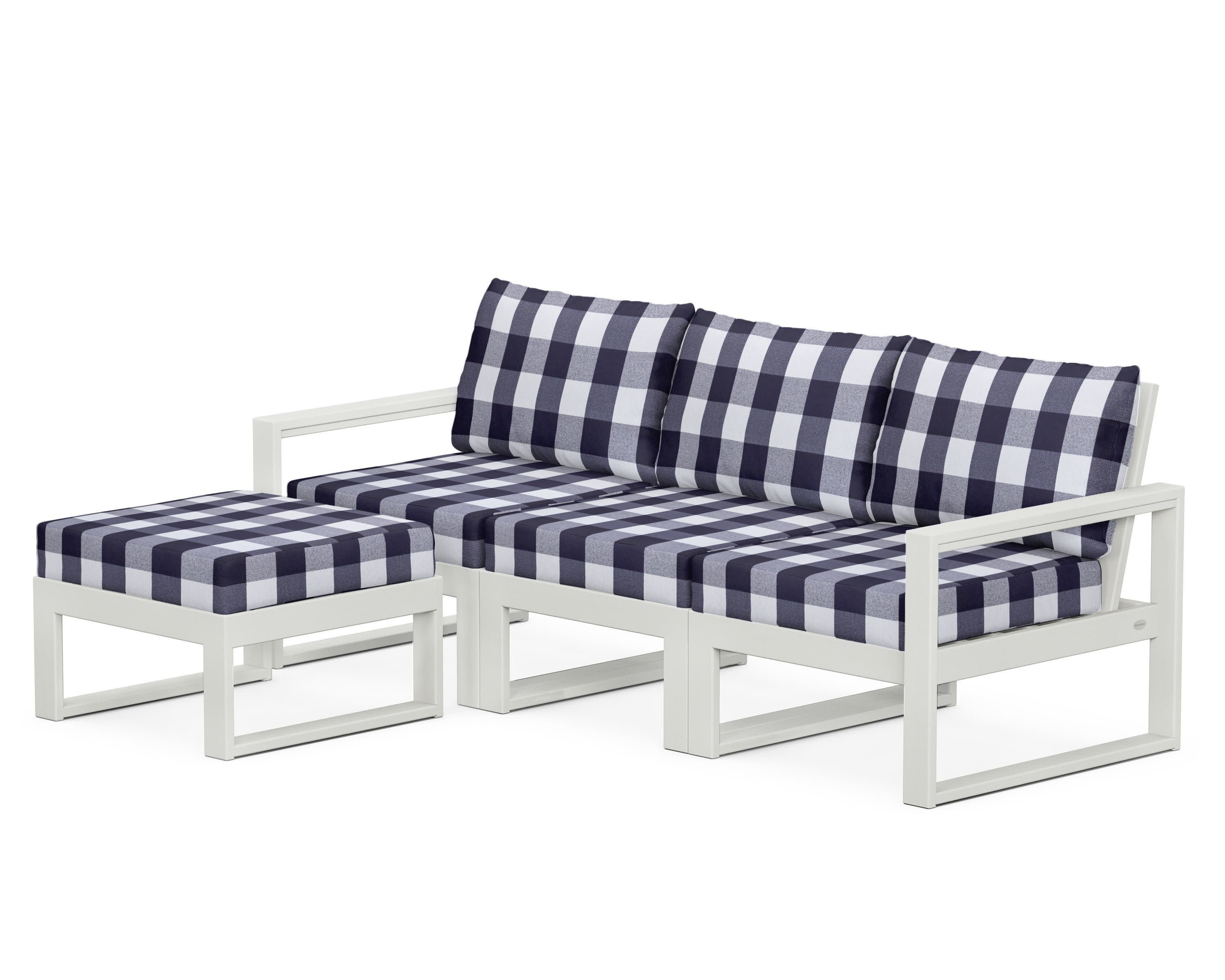 EDGE 4-Piece Modular Deep Seating Set with Ottoman in Vintage White / Buffalo Plaid Navy