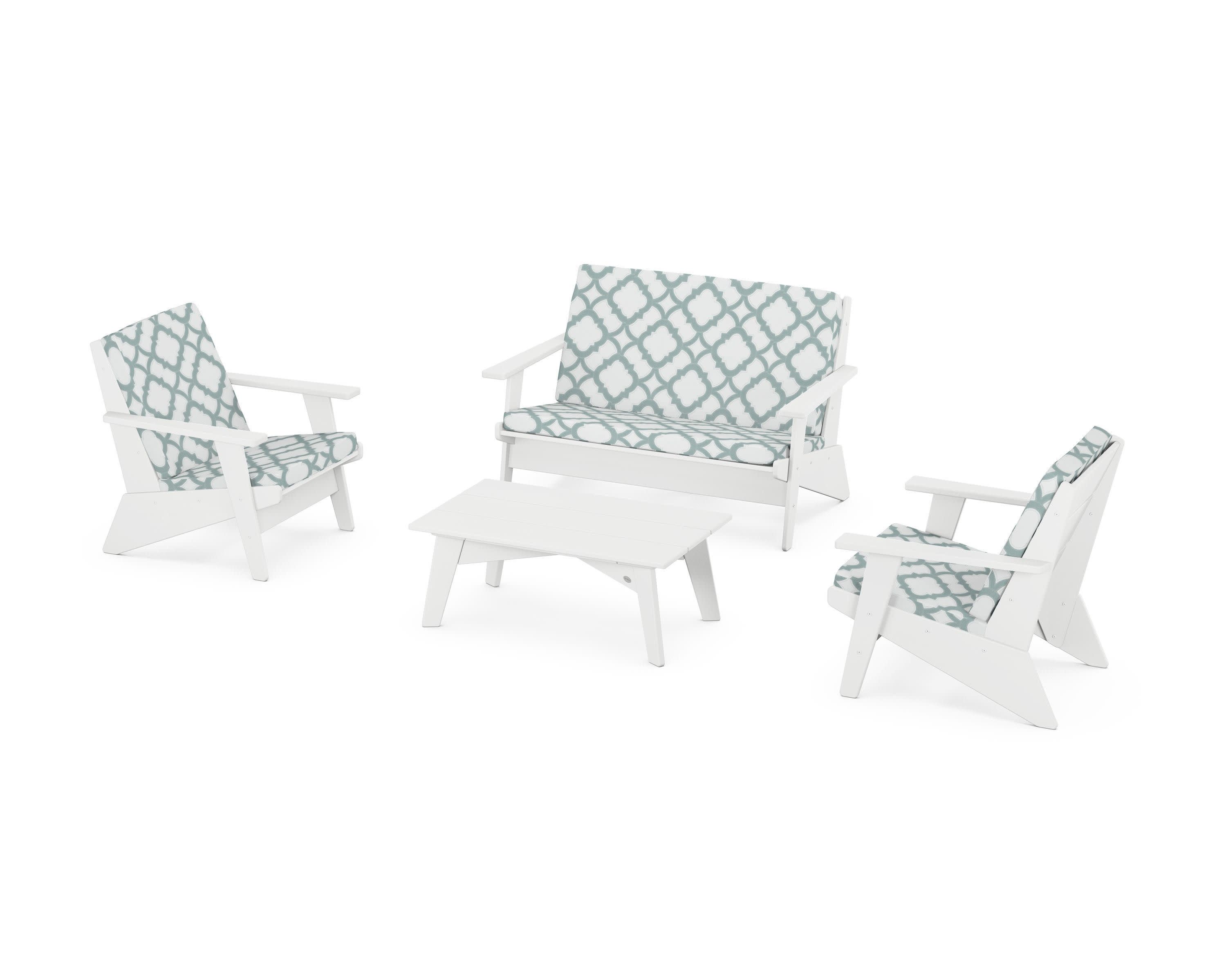 Riviera Modern Lounge 4-Piece Set in White / Trellis Glacier Spa