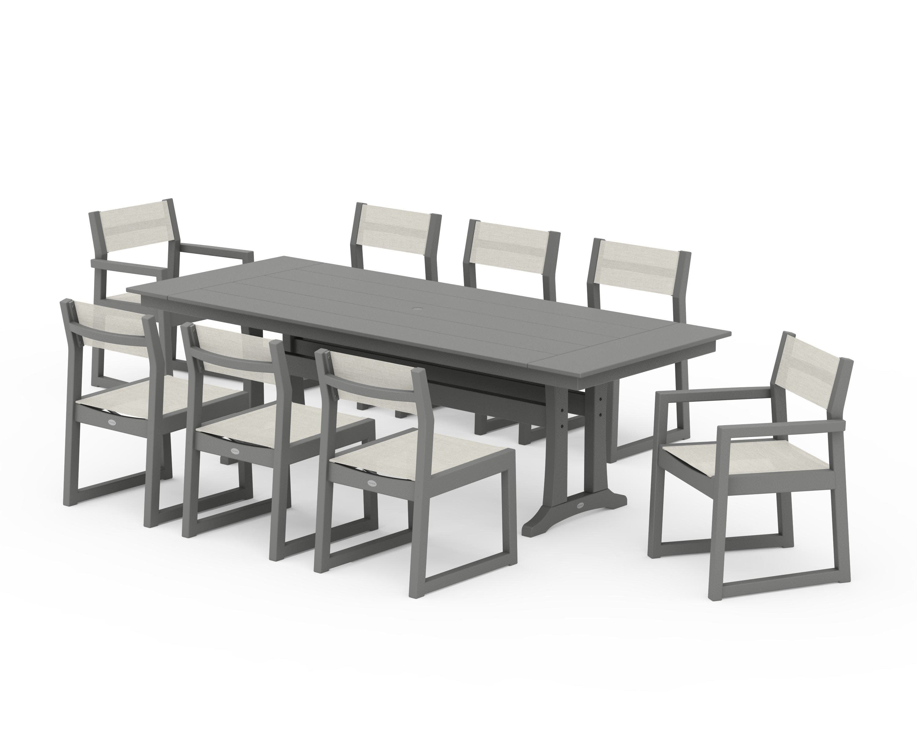EDGE Sling 9-Piece Farmhouse Trestle Dining Set in Slate Grey / Parchment Sling
