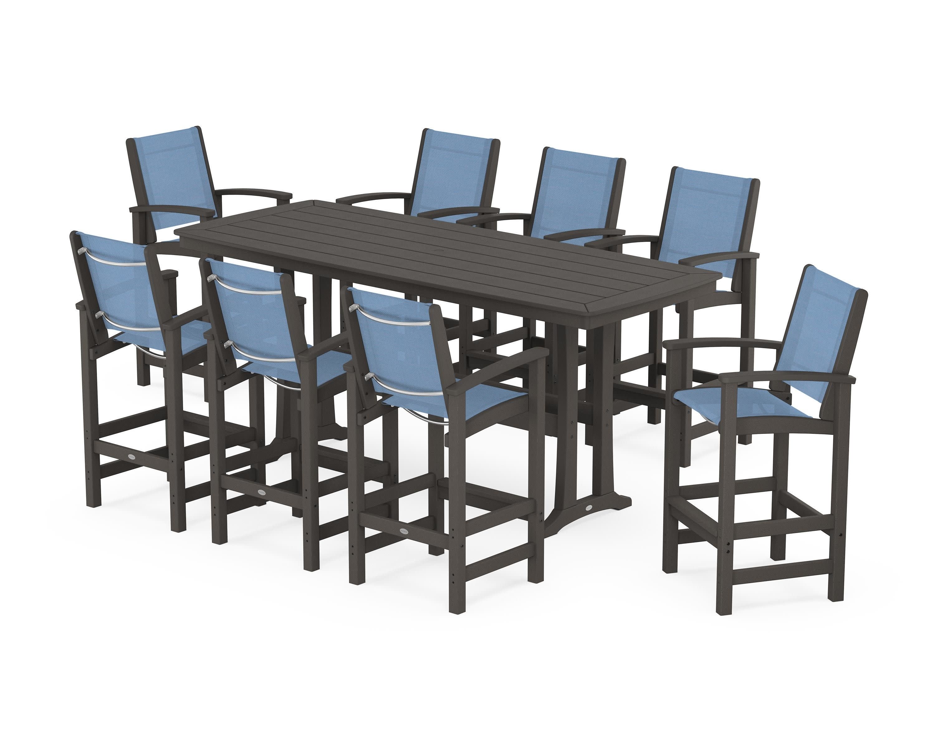 Coastal 9-Piece Bar Set with Trestle Legs in Vintage Coffee / Poolside Sling