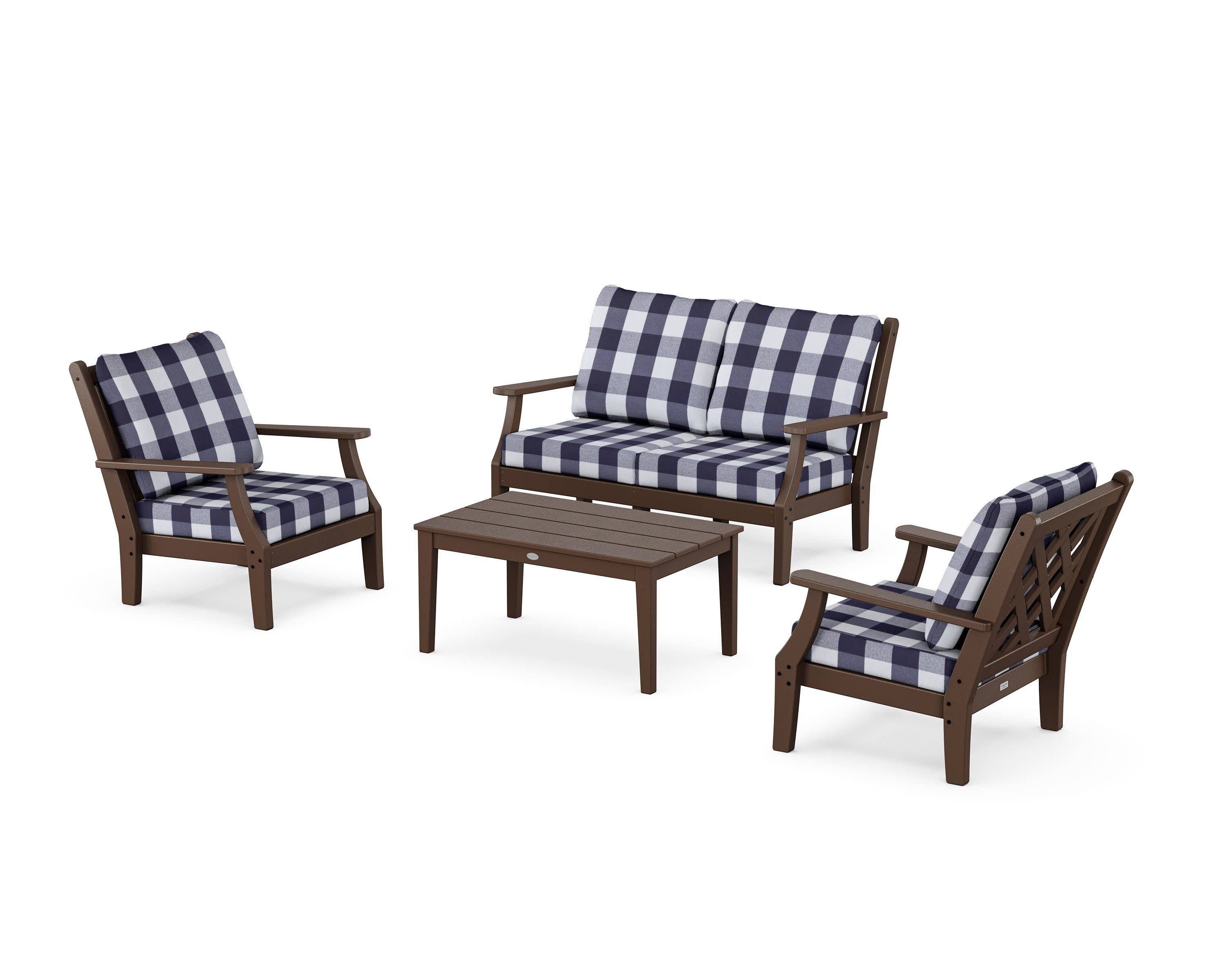 Wovendale 4-Piece Deep Seating Set with Loveseat in Mahogany / Buffalo Plaid Navy