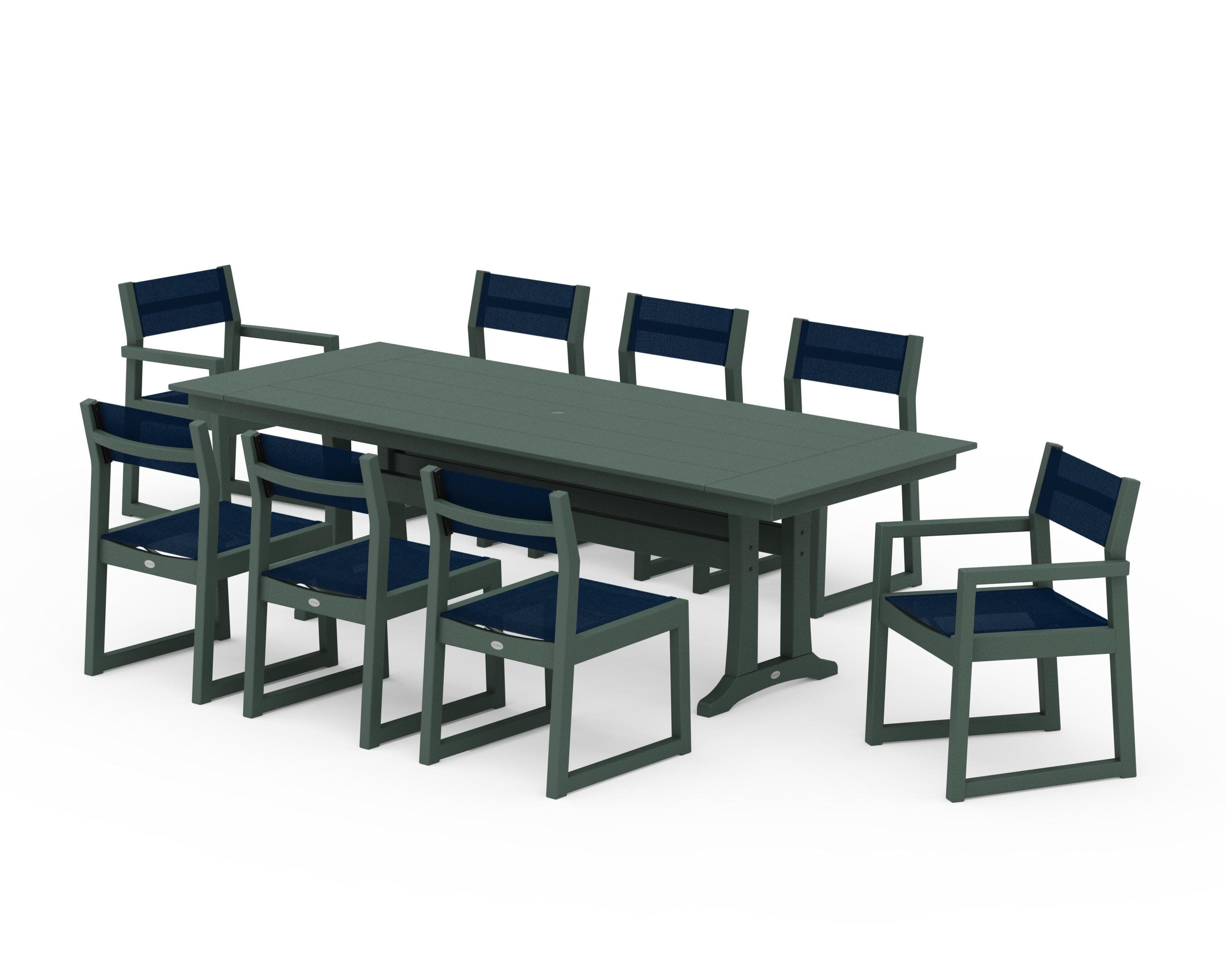 EDGE Sling 9-Piece Farmhouse Trestle Dining Set in Green / Navy Blue Sling