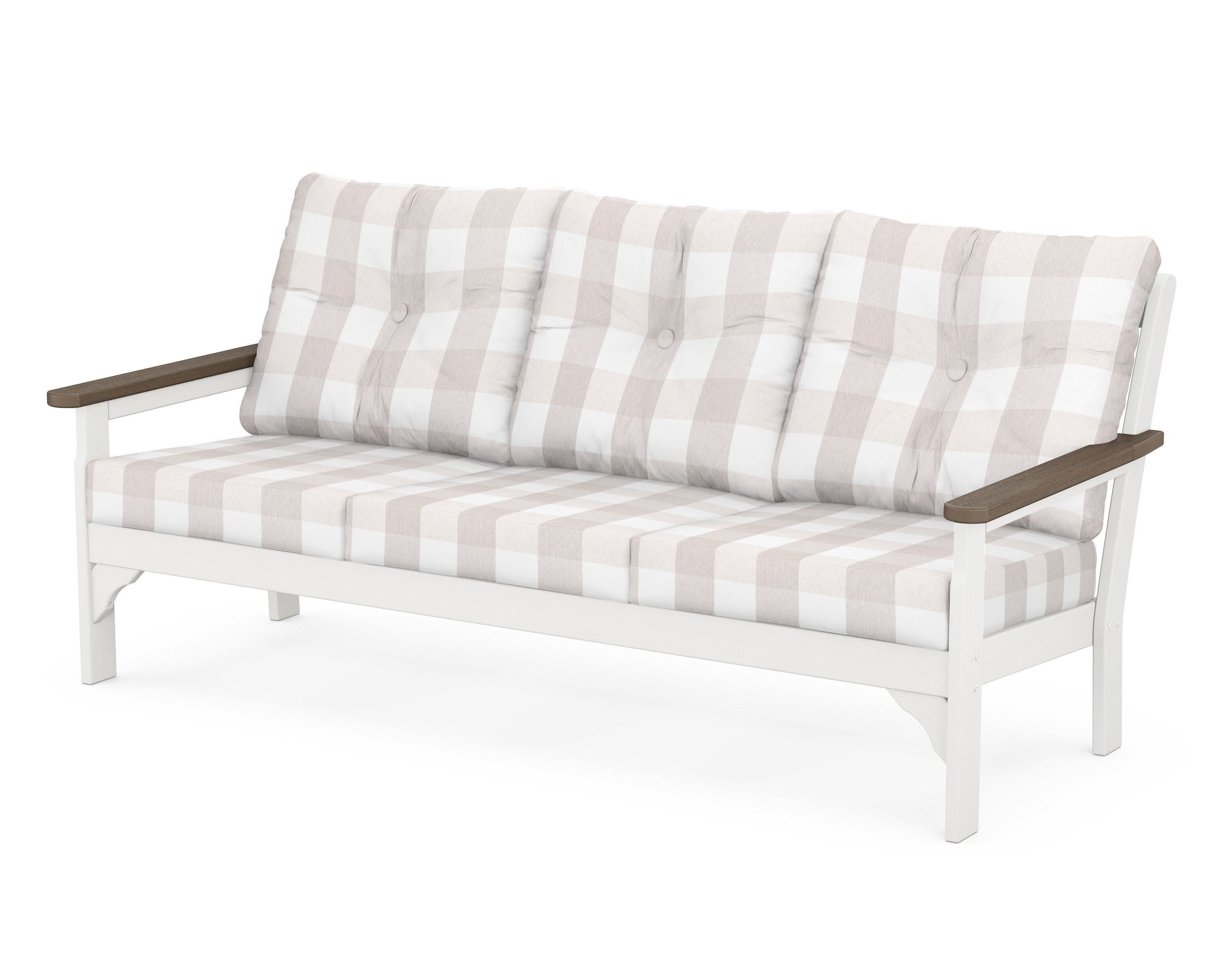 Vineyard Deep Seating Sofa in White / Kona / Buffalo Plaid Dune Burlap