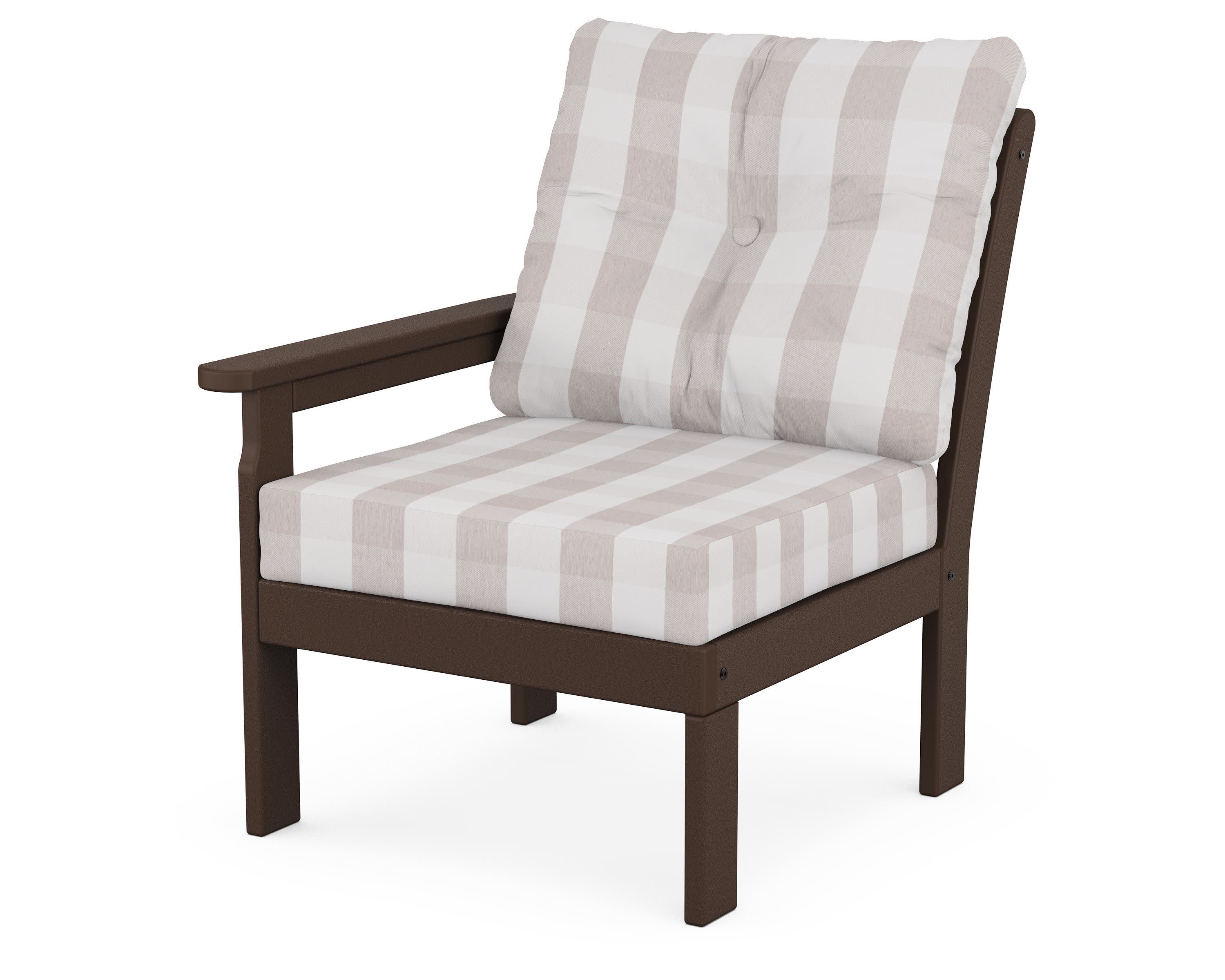 Vineyard Modular Left Arm Chair in Mahogany / Buffalo Plaid Dune Burlap
