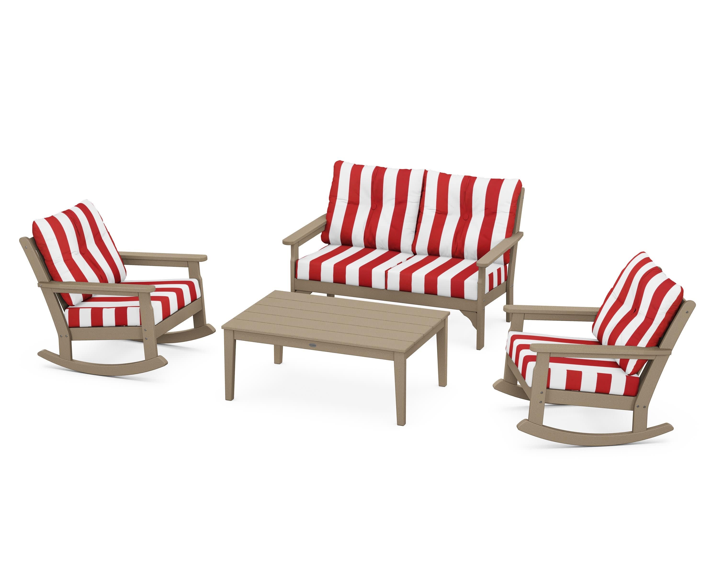 Vineyard 4-Piece Deep Seating Rocking Chair Set in Vintage Sahara / Cabana Stripe Crimson