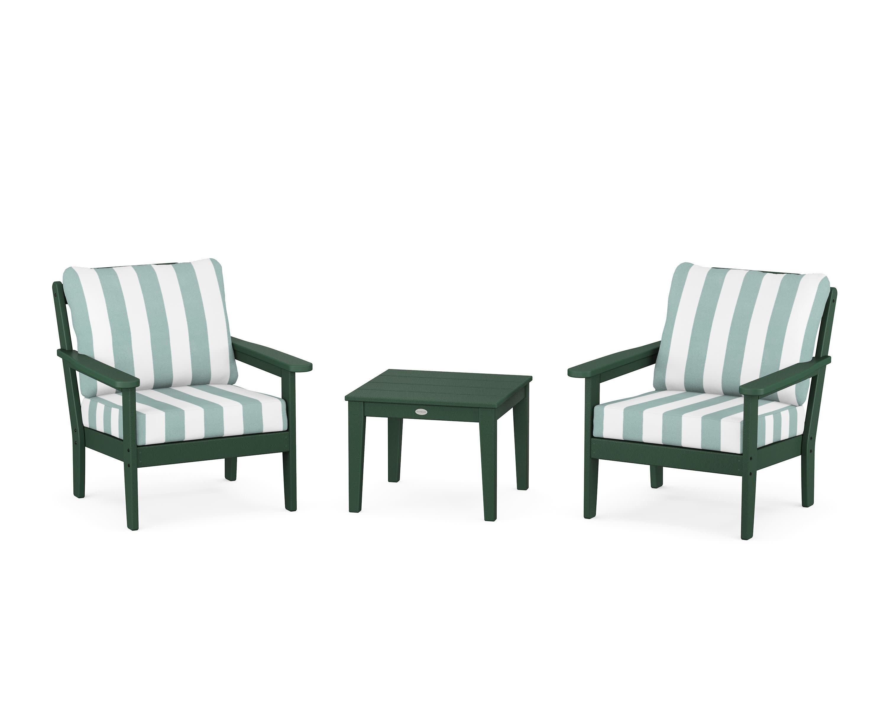 Cottage 3-Piece Deep Seating Set in Green / Cabana Stripe Glacier Spa