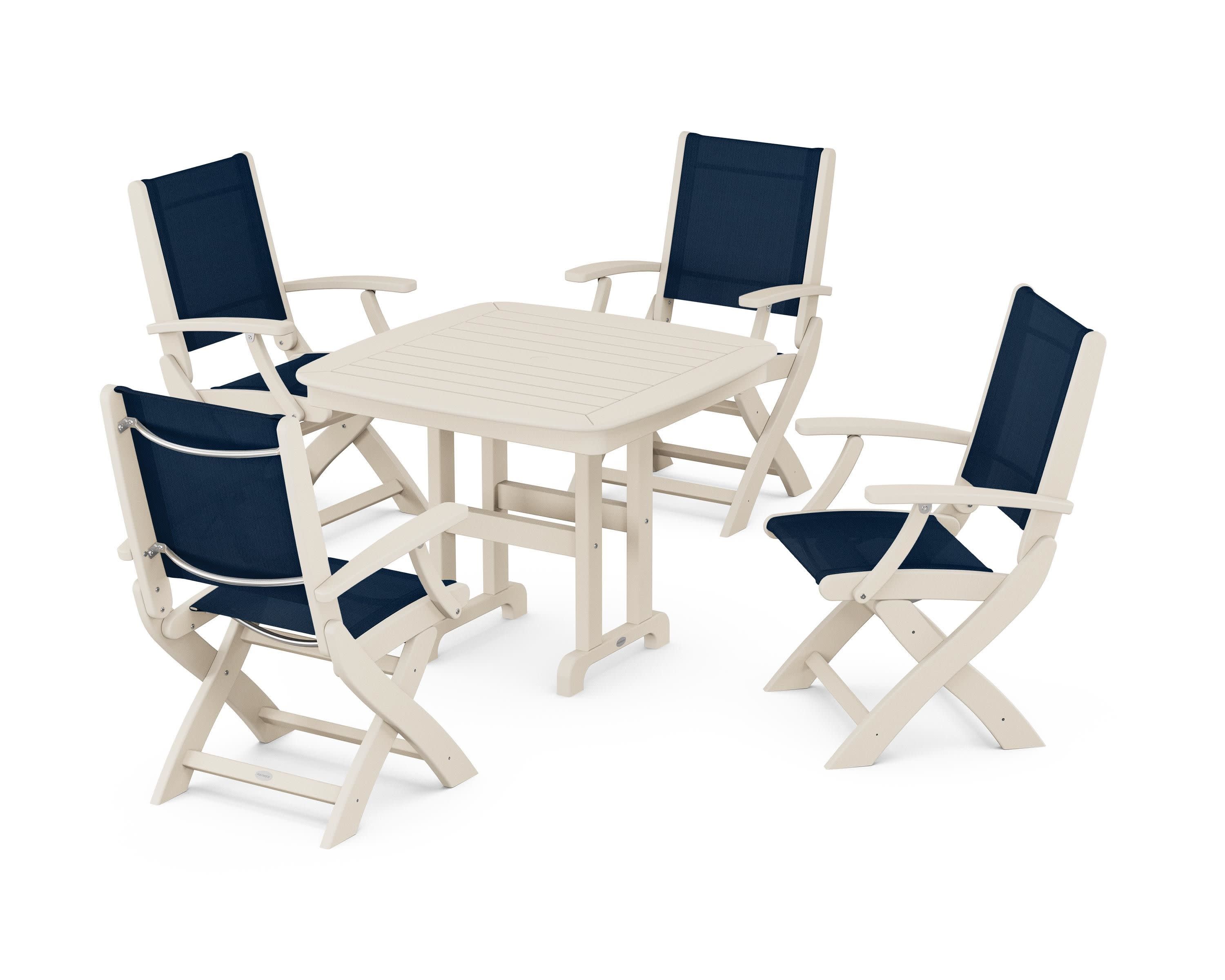 Coastal Folding Chair 5-Piece Dining Set in Sand / Navy Blue Sling