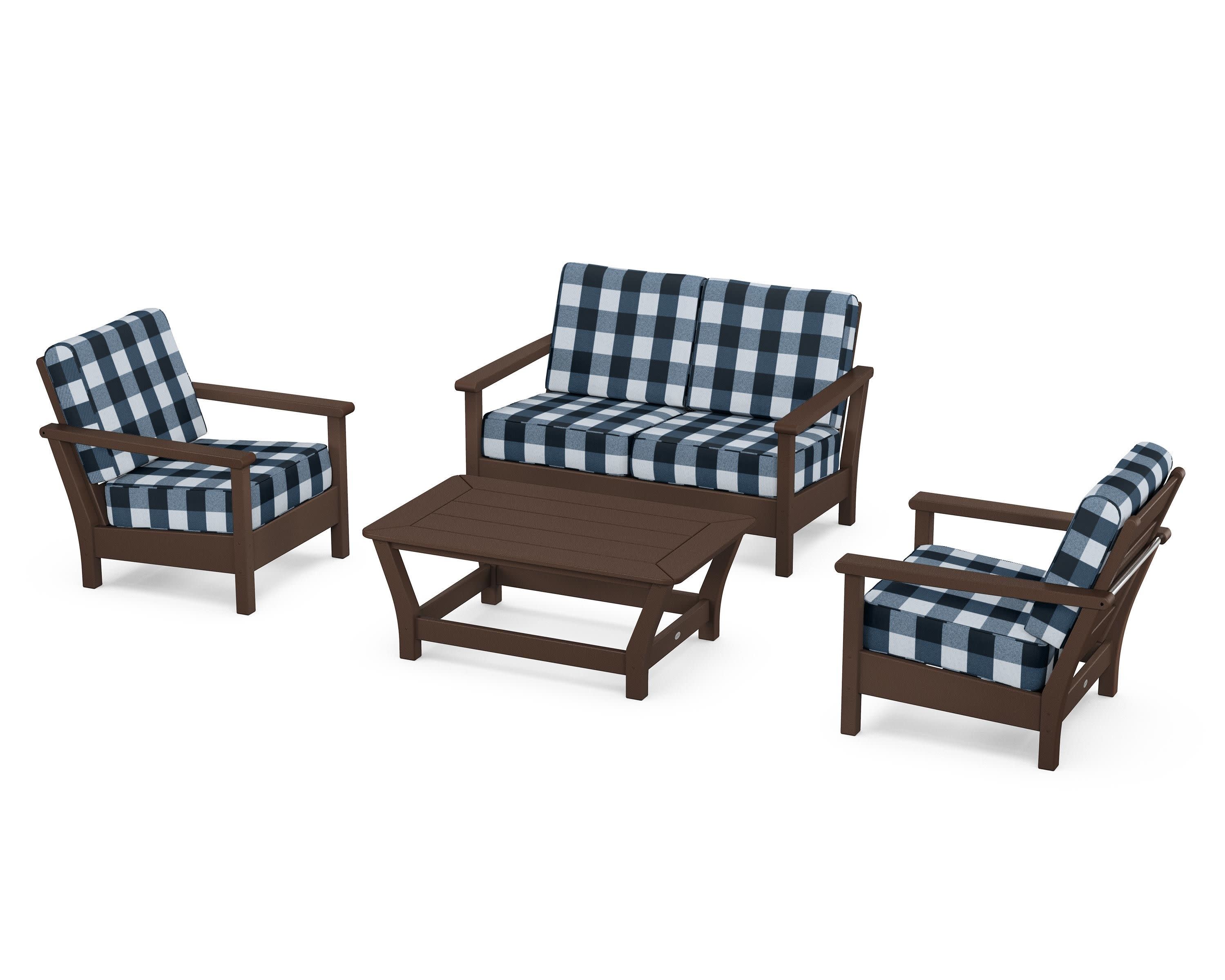 Harbour 4-Piece Deep Seating Set in Mahogany / Buffalo Plaid Marine Indigo
