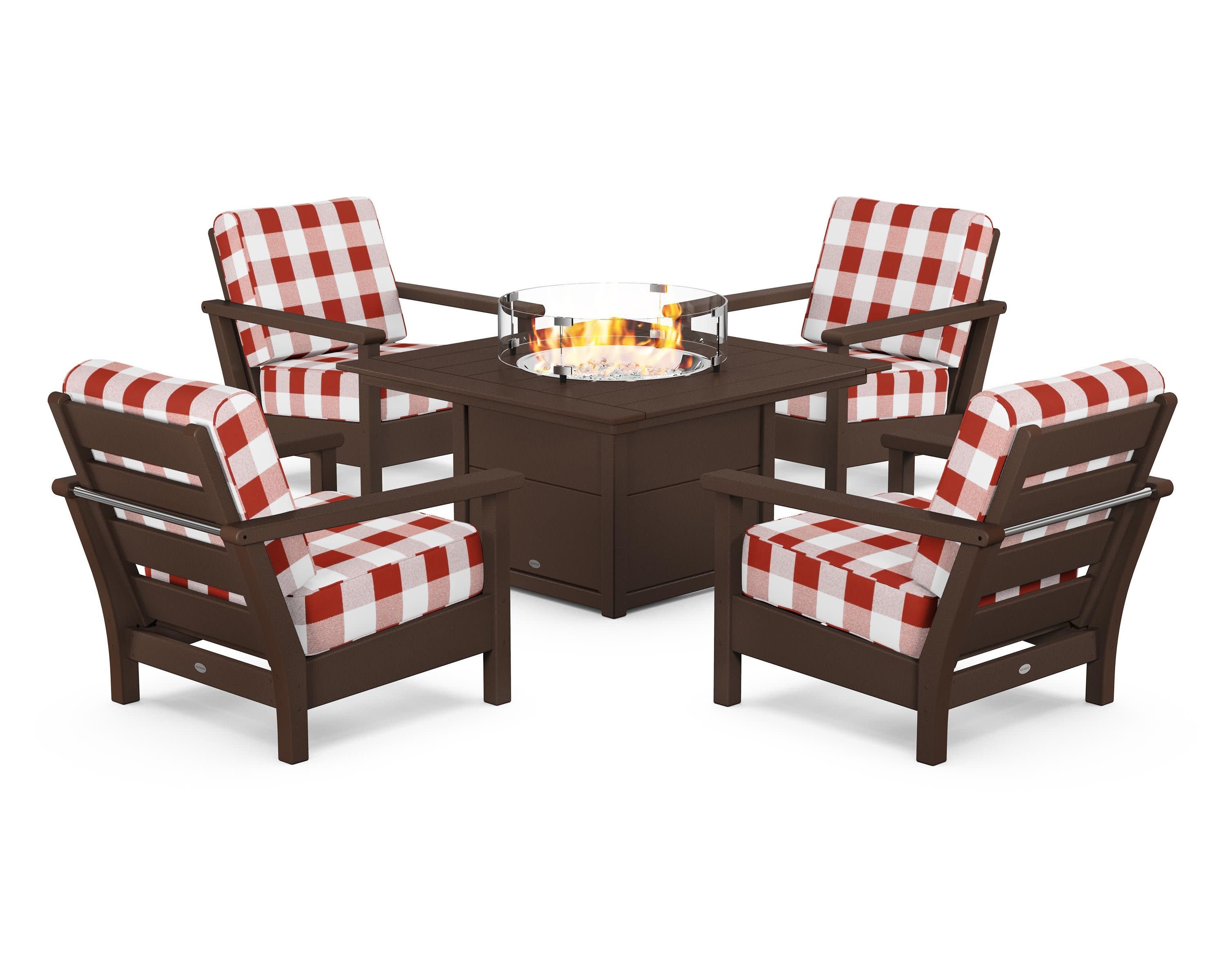 Harbour 5-Piece Conversation Set with Fire Pit Table in Mahogany / Buffalo Plaid Crimson