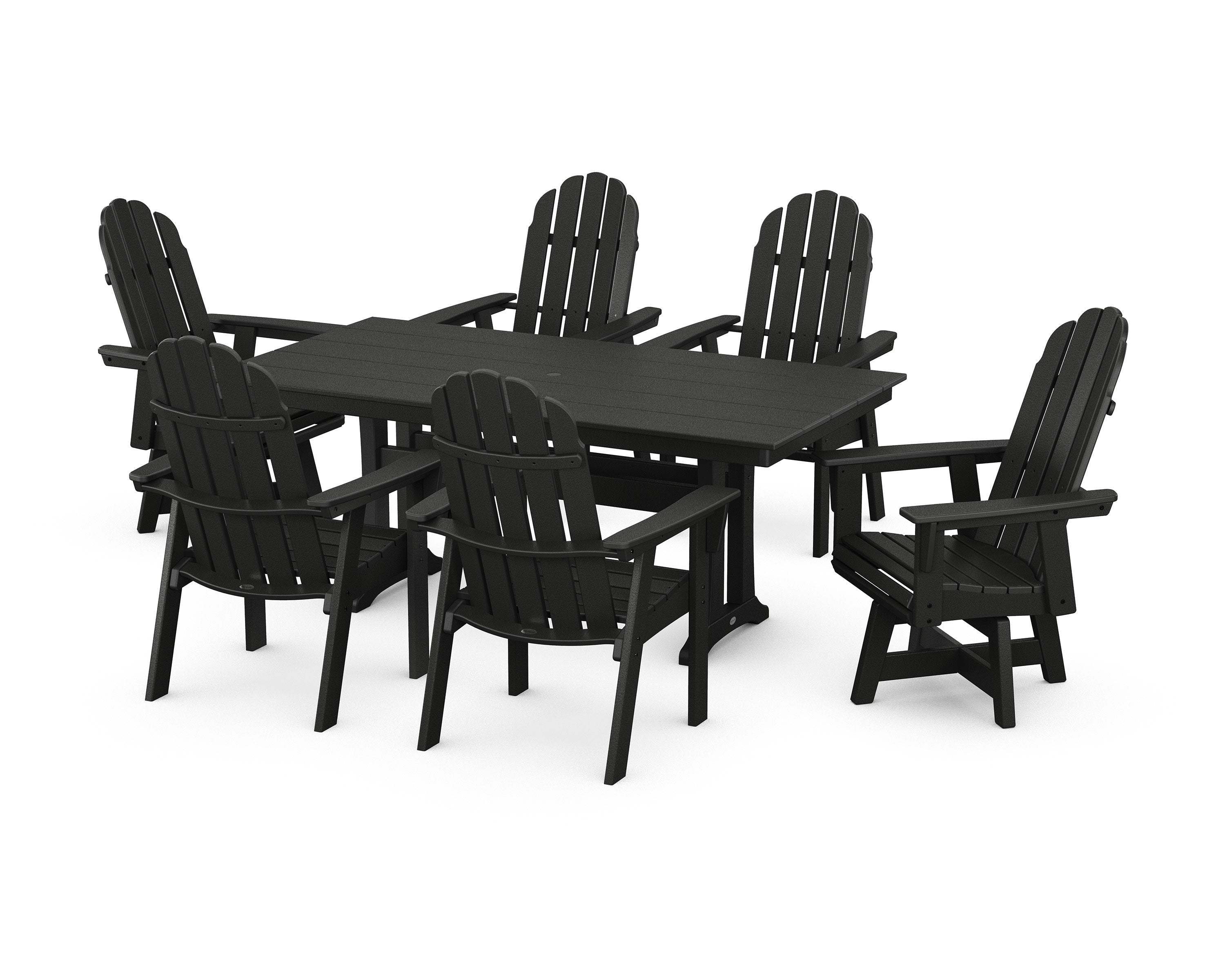 Vineyard Curveback Adirondack Swivel Chair 7-Piece Farmhouse Dining Set with Trestle Legs in Black