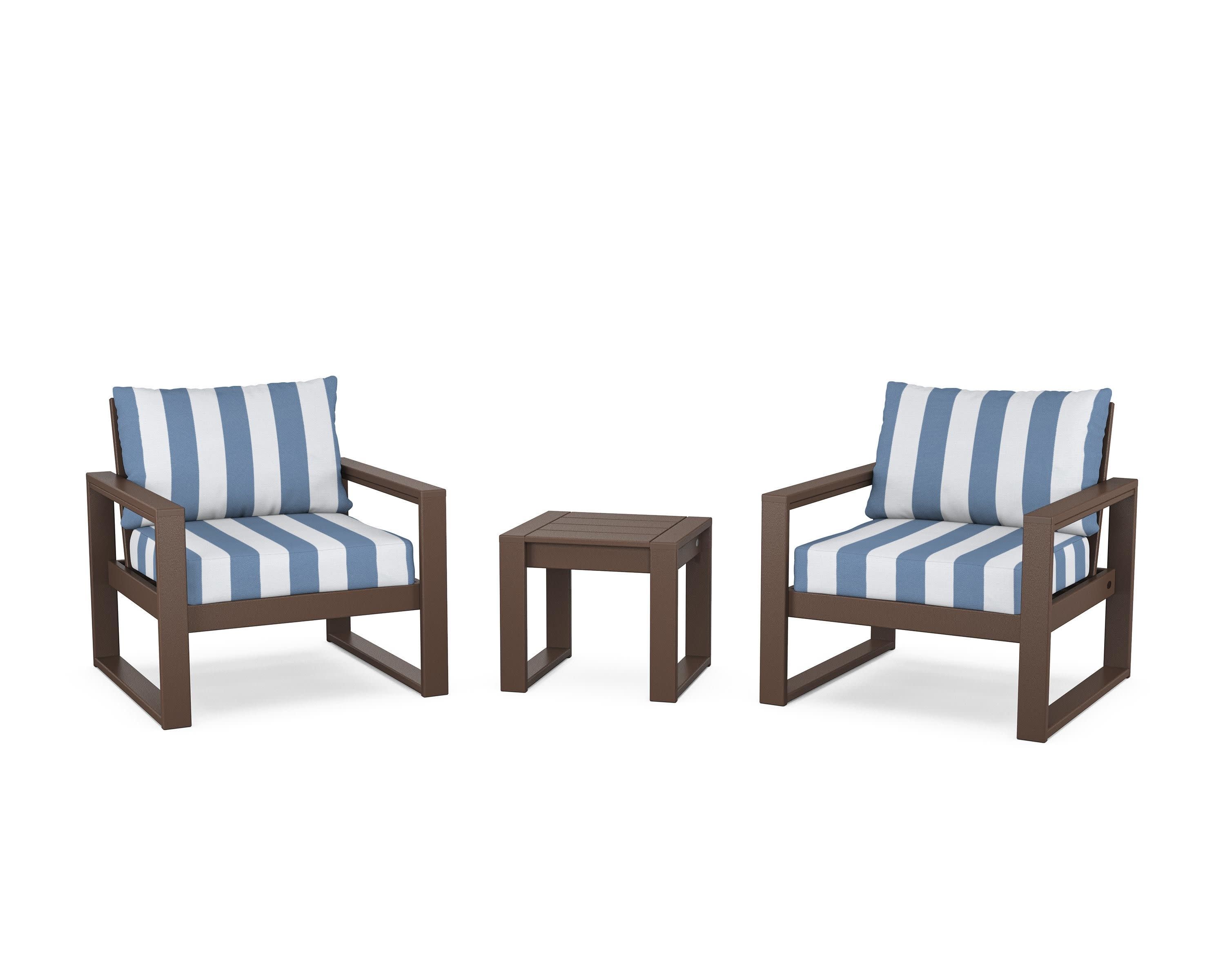EDGE Sectional 3-Piece Deep Seating Set in Mahogany / Cabana Stripe Sky Blue