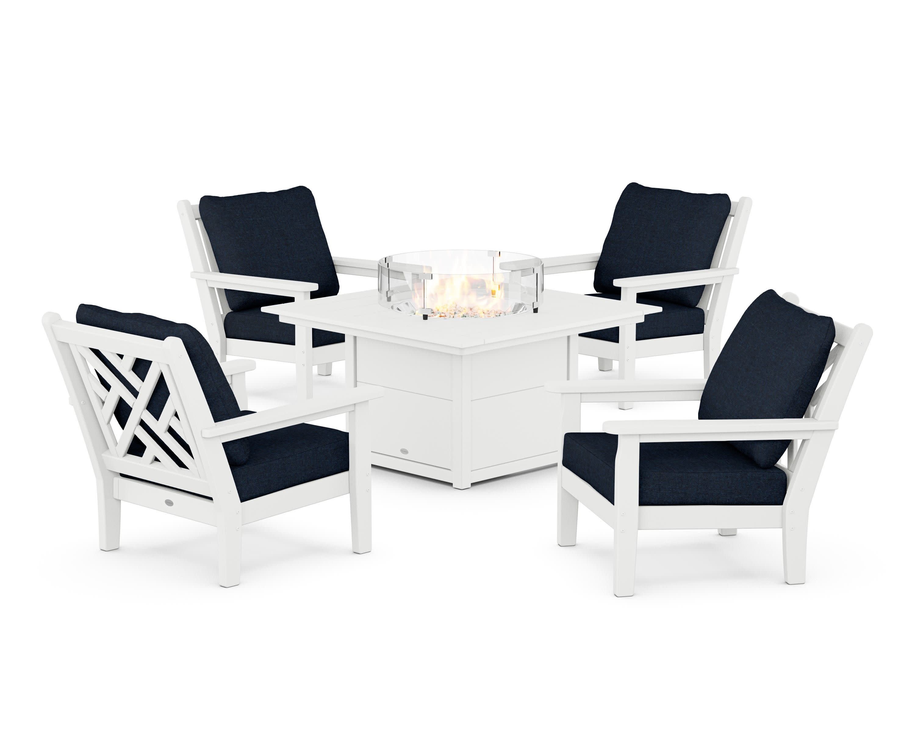 Chippendale 5-Piece Deep Seating Set with Fire Pit Table in White / Marine Indigo