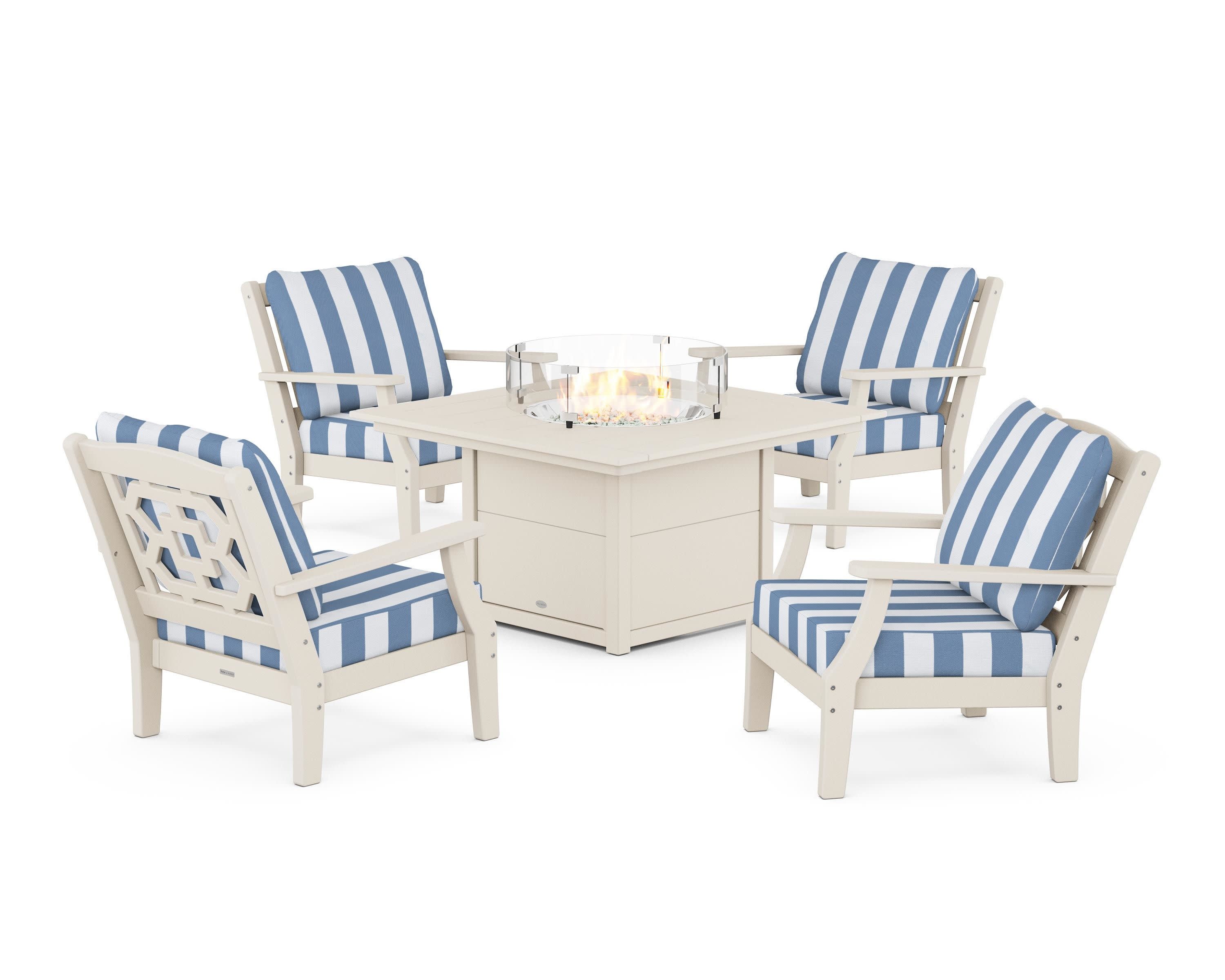 Chinoiserie 5-Piece Deep Seating Set with Fire Pit Table in Sand / Cabana Stripe Sky Blue