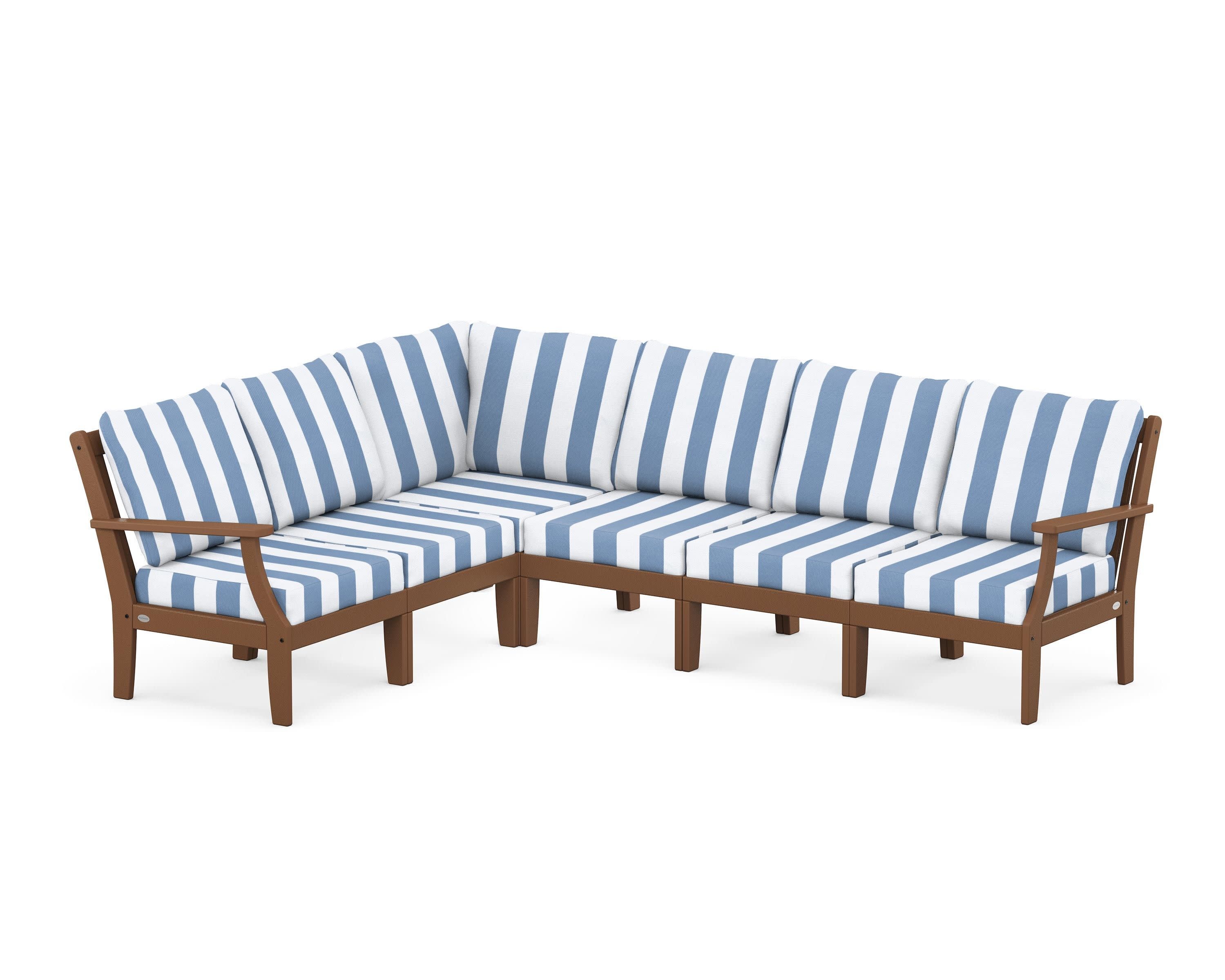 Braxton Modular 6-Piece Deep Seating Set in Teak / Cabana Stripe Sky Blue
